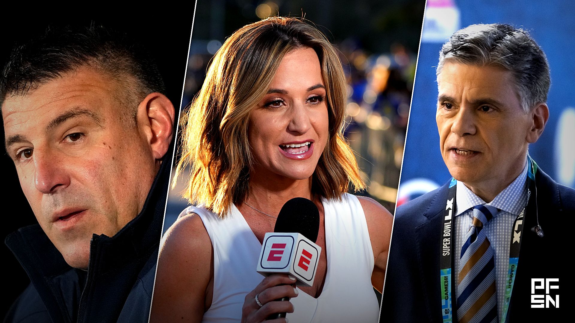NBC reporter Mike Florio prior to the New England Patriots game against the Seattle Seahawks during Super Bowl LX at Levi's Stadium. Mandatory Credit: Mark J. Rebilas-Imagn Images

Feb 5, 2026; Santa Clara, CA, USA; New England Patriots head coach Mike Vrabel talks to media members at the Santa Clara Marriott. Mandatory Credit: Darren Yamashita-Imagn Images

Feb 7, 2022; Westlake Village, CA, USA; ESPN reporter Dianna Russini at Los Angeles Rams Super Bowl LVI Opening Night at Oaks Christian High School.