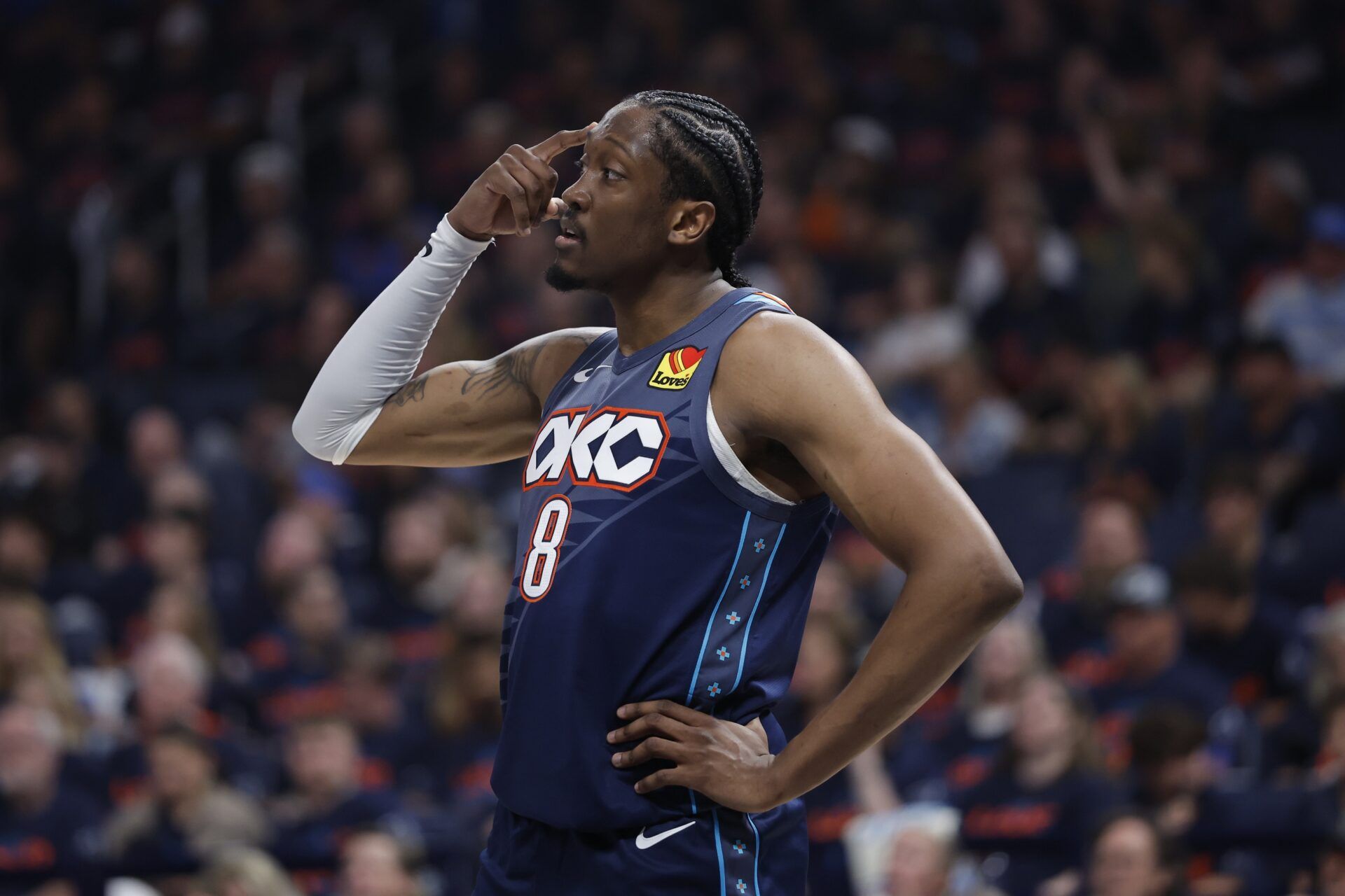 Oklahoma City Thunder guard Jalen Williams (8) gestures to his team before a play against the Phoenix Suns in the first half during game two of the first round of the 2026 NBA Playoffs at Paycom Center.