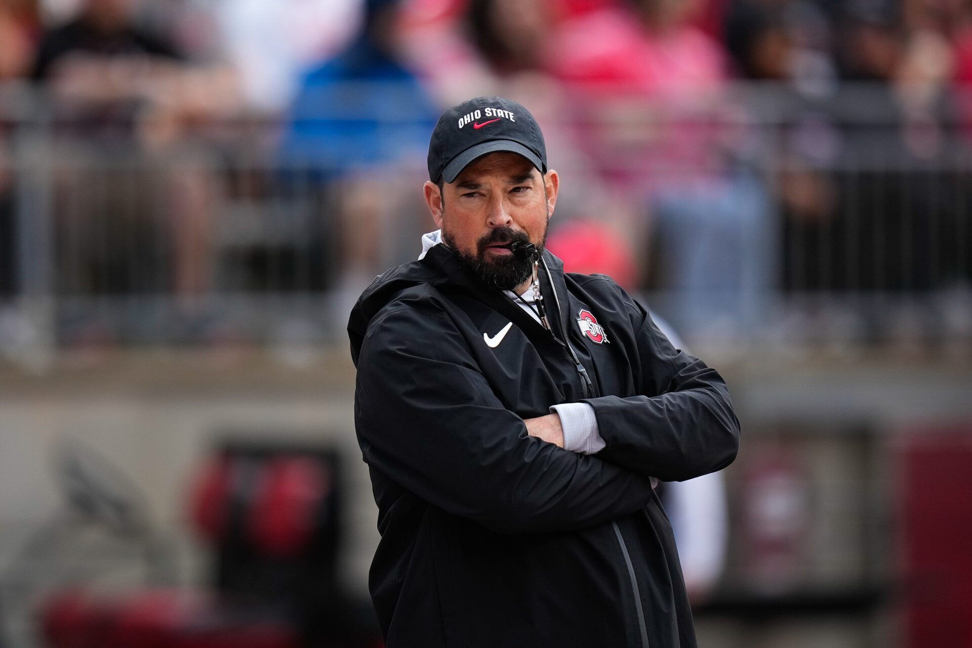 Ohio State Buckeyes head coach Ryan Day watches his players in the first half of the Ohio State football spring game at Ohio Stadium on Saturday, April 18, 2026 in Columbus, Ohio.