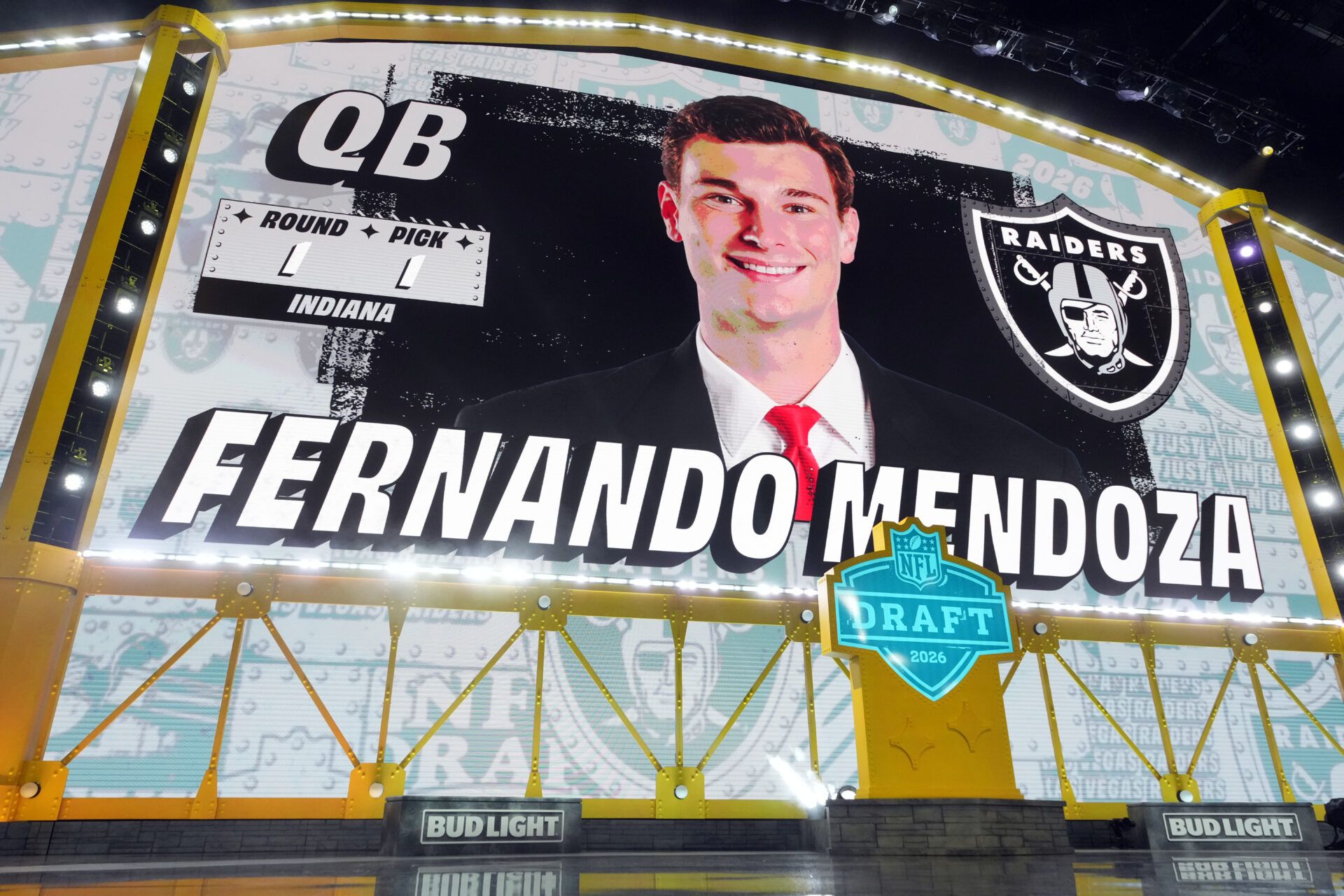 Indiana Hoosiers quarterback Fernando Mendoza is selected by the Las Vegas Raiders as the number one pick during the 2026 NFL Draft at Acrisure Stadium.