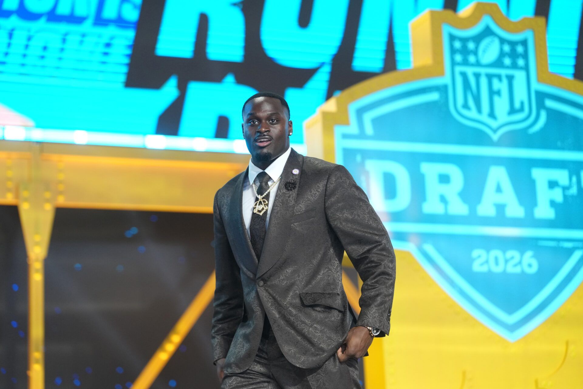 Notre Dame Fighting Irish running back Jeremiyah Love is introduced before the 2026 NFL Draft at Acrisure Stadium.