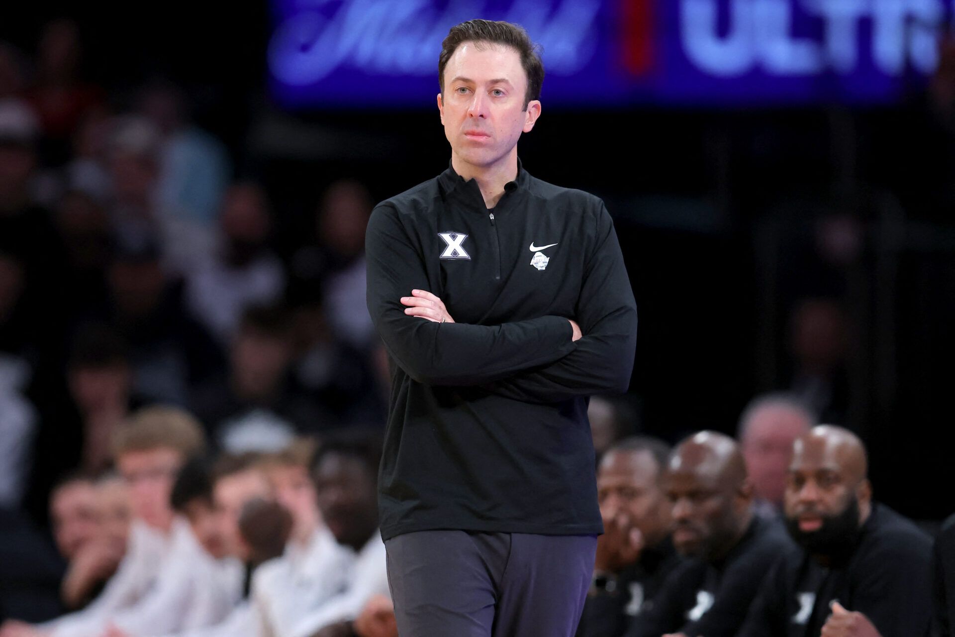 Xavier Musketeers head coach Richard Pitino coaches against the Connecticut Huskies during the first half at Madison Square Garden.