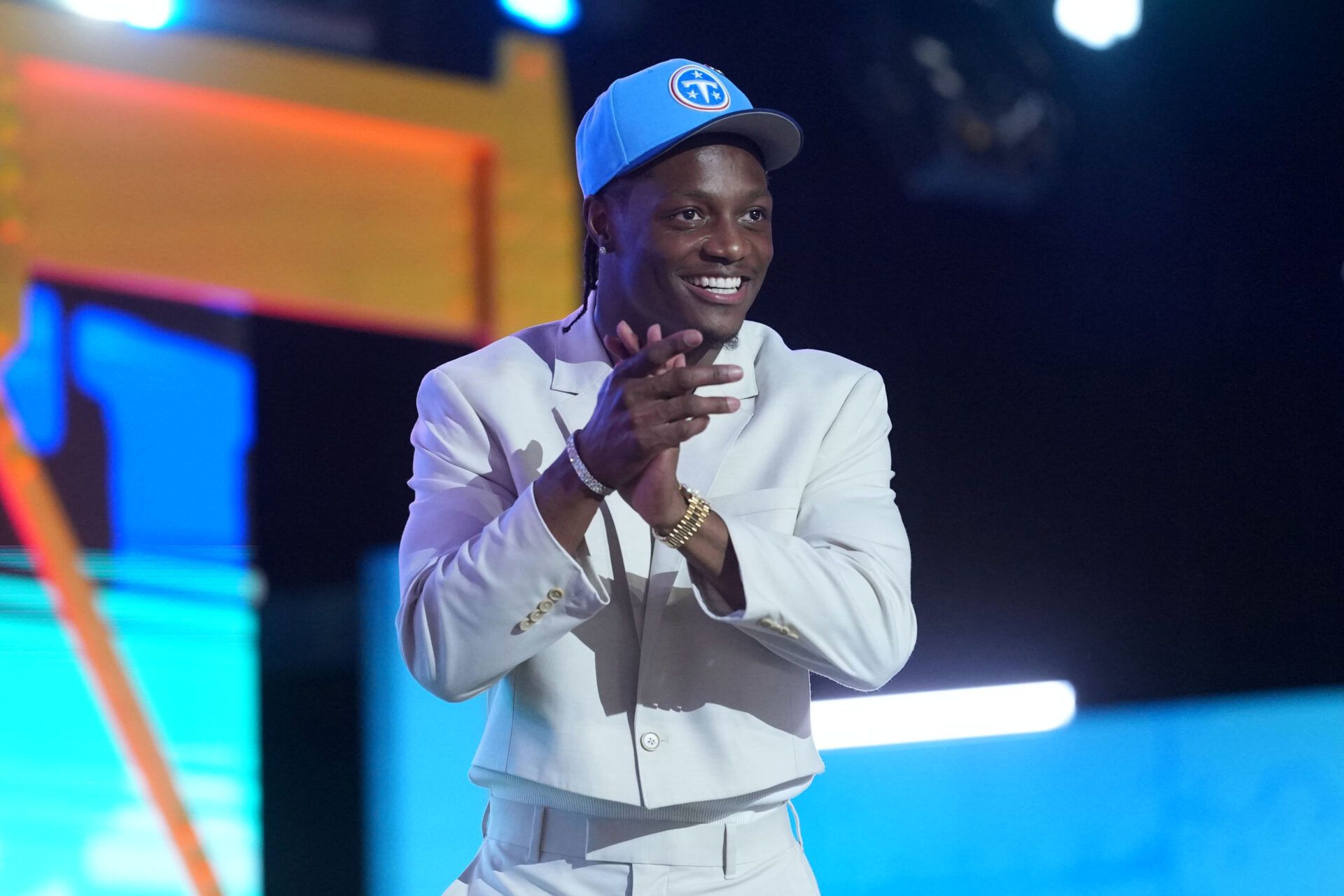 Ohio State Buckeyes receiver Carnell Tate is selected by the Tennessee Titans as the number four pick during the 2026 NFL Draft at Acrisure Stadium.