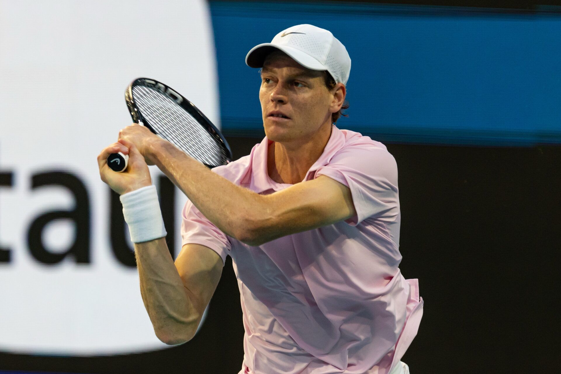 Jannik Sinner of Italy hits a backhand against Jiri Lehecka of the Czech Republic after beating him in the final of the men’s singles at the Miami Open at the Hard Rock Stadium.