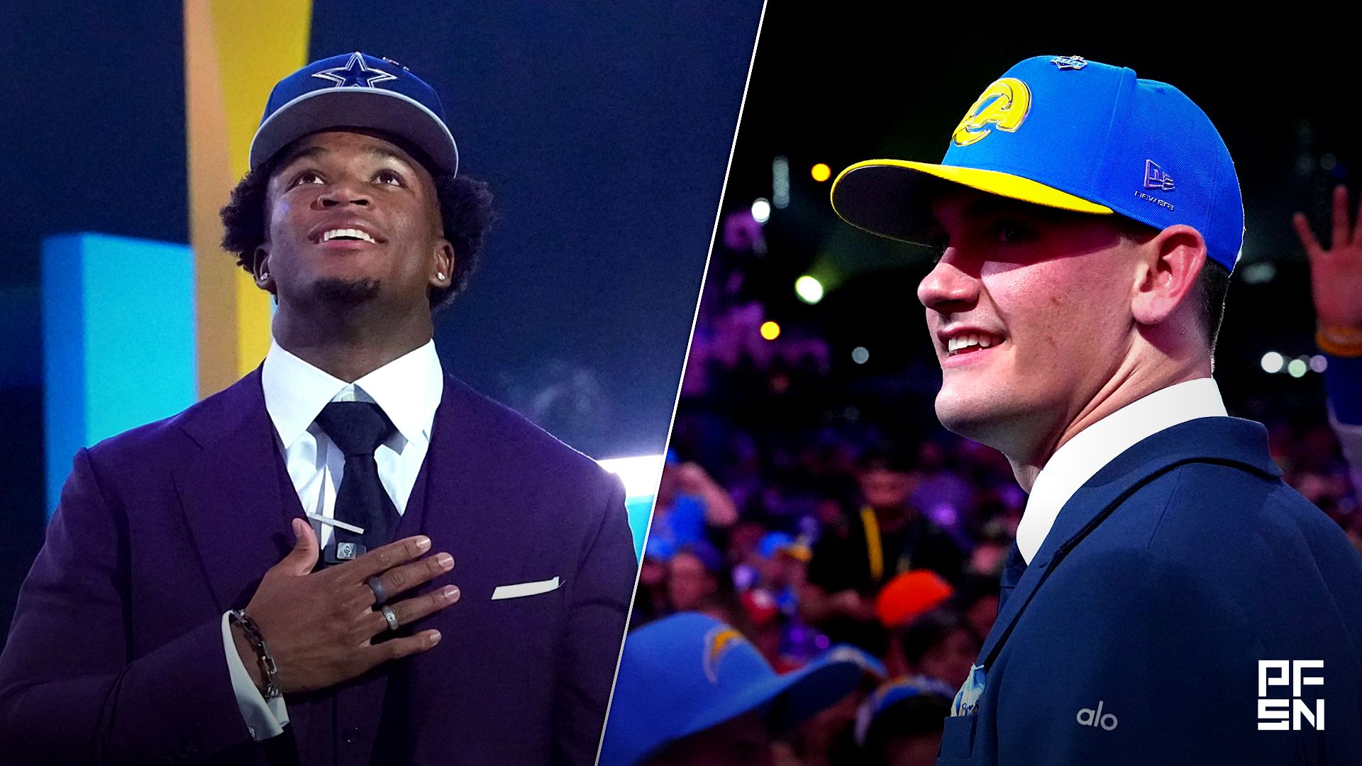 Ohio State Buckeyes defensive back Caleb Downs is selected by the Dallas Cowboys as the number eleven pick during the 2026 NFL Draft at Acrisure Stadium. Mandatory Credit: Kirby Lee-Imagn Images

Apr 23, 2026; Pittsburgh, PA, USA; Alabama Crimson Tide quarterback Ty Simpson is selected by the Los Angeles Rams as the number 13 pick during the 2026 NFL Draft at Acrisure Stadium.