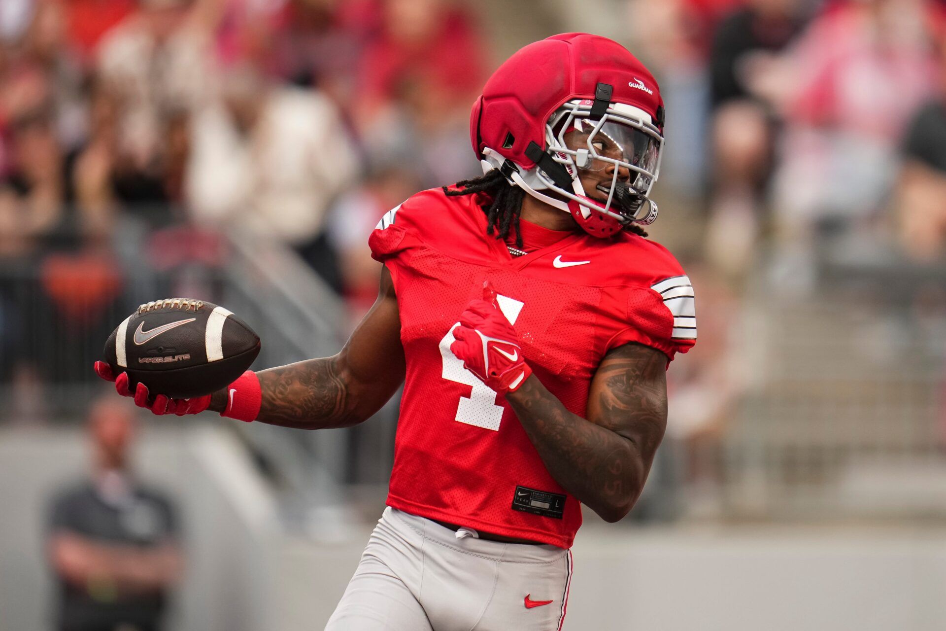 Wide receiver Jeremiah Smith (4) scores a touchdown during the Ohio State football spring game at Ohio Stadium in Columbus on April 18, 2026.