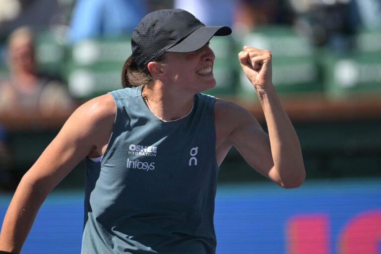 Iga Swiatek (POL) reacts as she defeated Karolina Muchova (CZE) during the fourth round in the BNP Paribas Open at the Indian Wells Tennis Garden.