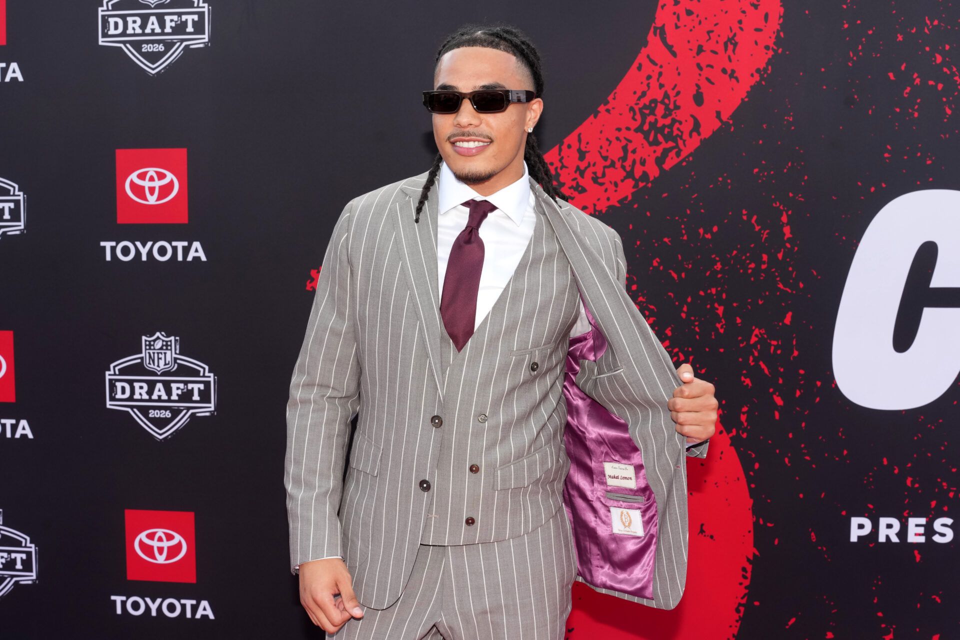 Southern California Trojans receiver Makai Lemon poses on the red carpet before the 2026 NFL Draft at Point State Park.