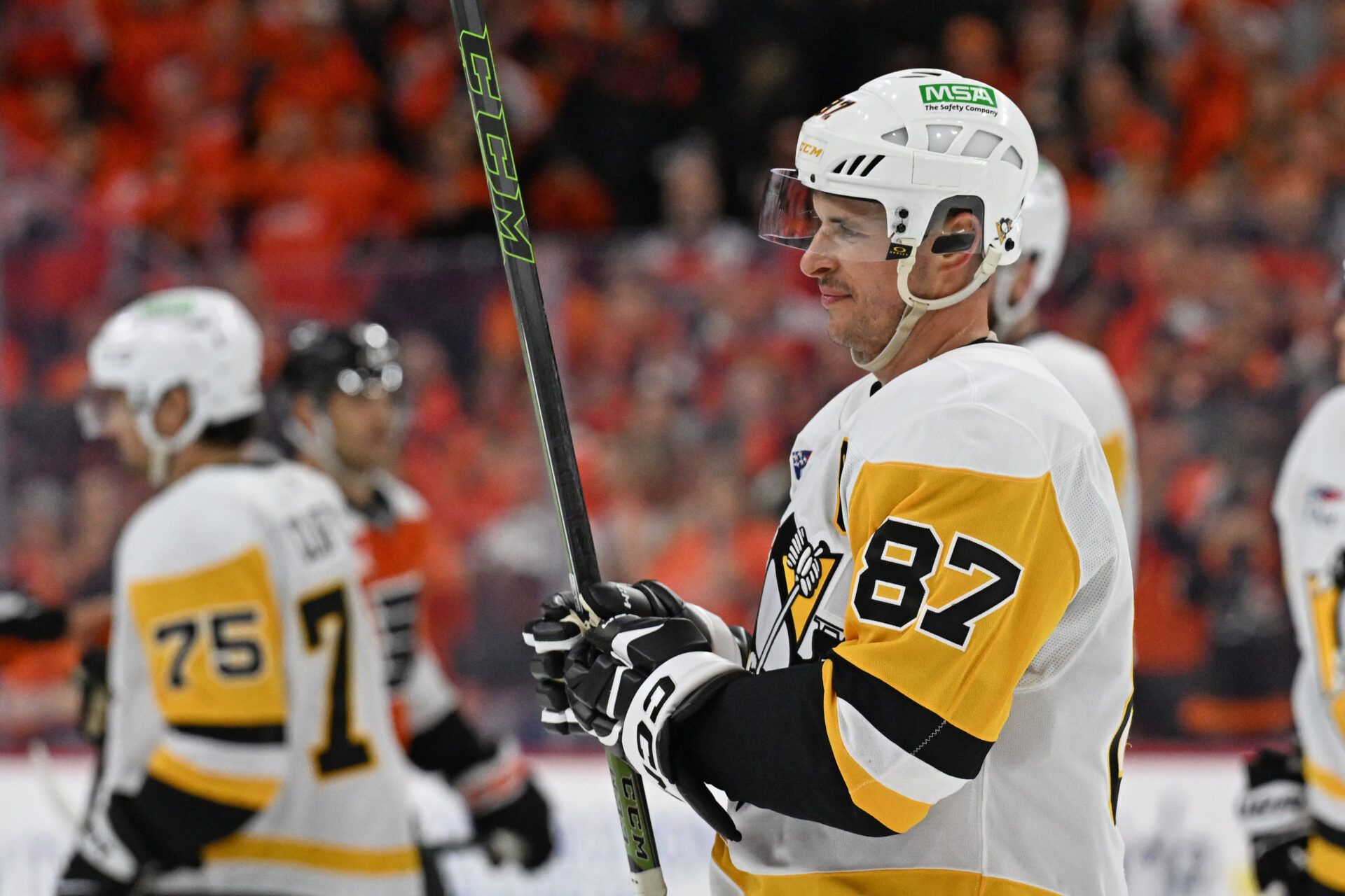 Pittsburgh Penguins center Sidney Crosby (87) skates off the ice after loss to the Philadelphia Flyers in game three of the first round of the 2026 Stanley Cup Playoffs at Xfinity Mobile Arena.