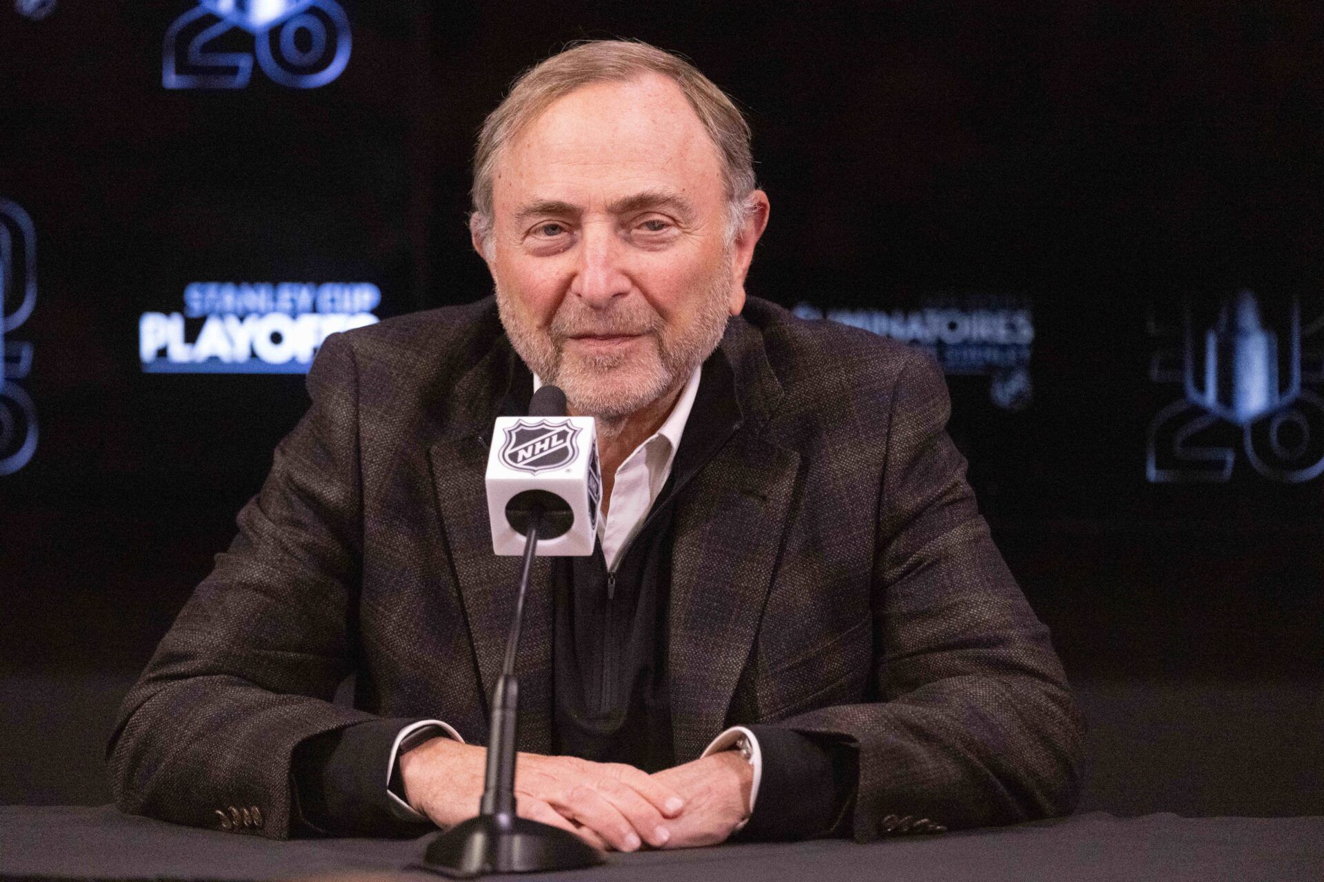NHL commissioner Gary Bettman speaks to the media prior to game between the Carolina Hurricanes and the Ottawa Senators in game three of the first round of the 2026 Stanley Cup Playoffs at the Canadian Tire Centre.
