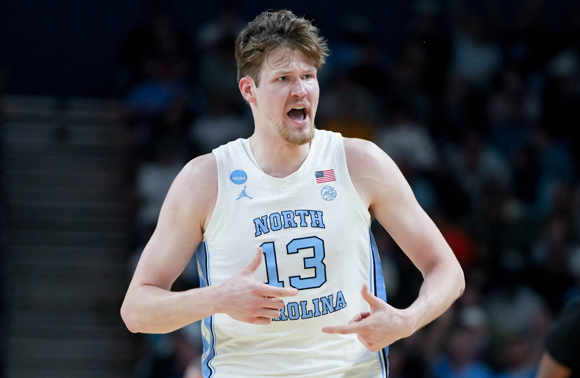 North Carolina Tar Heels center Henri Veesaar (13) celebrates after a play against the VCU Rams in the first half of a first round game of the men's 2026 NCAA Tournament at Bon Secours Wellness Arena.