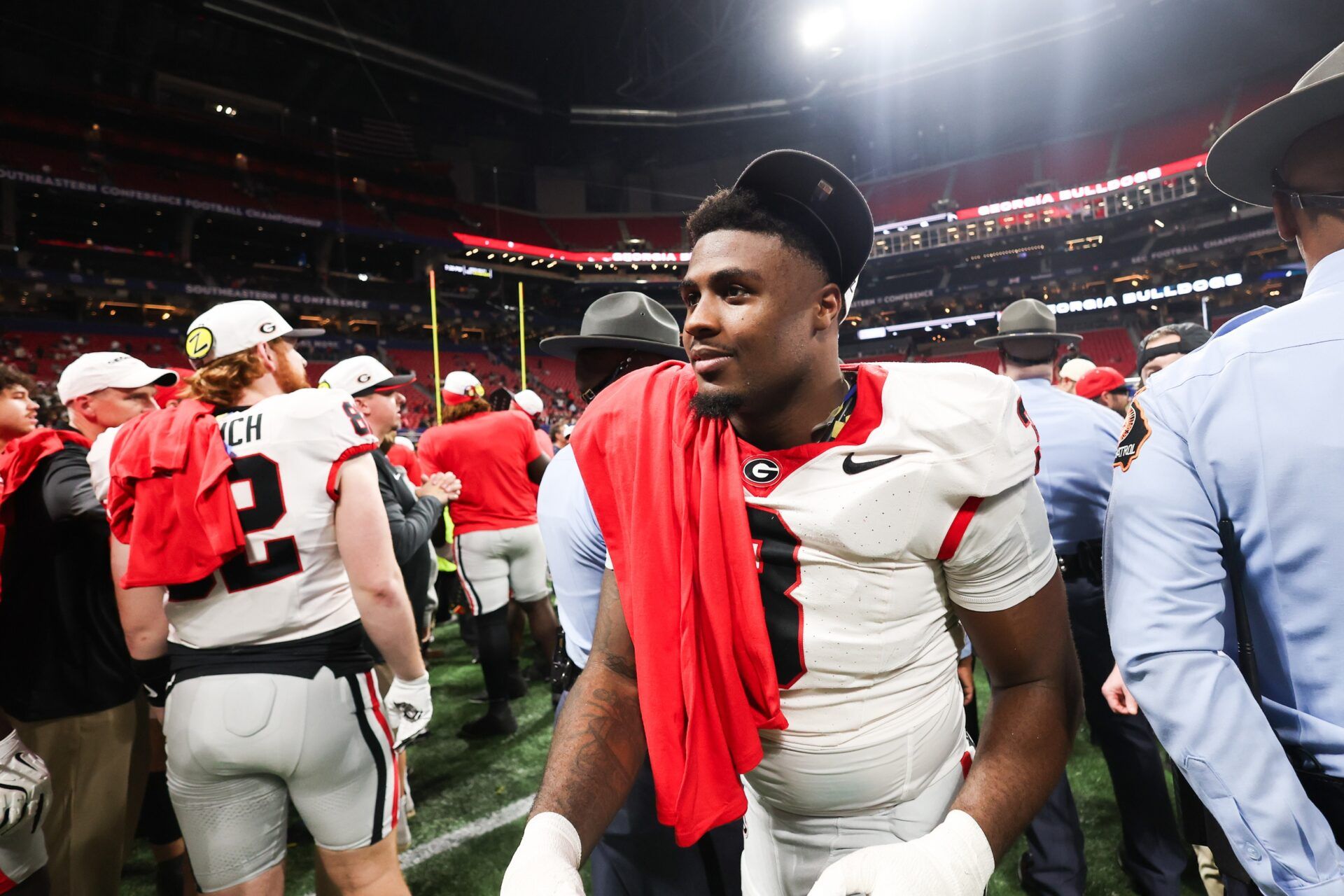 Georgia Bulldogs linebacker CJ Allen (3) looks on after the game against the Alabama Crimson Tide during the 2025 SEC Championship game at Mercedes-Benz Stadium.