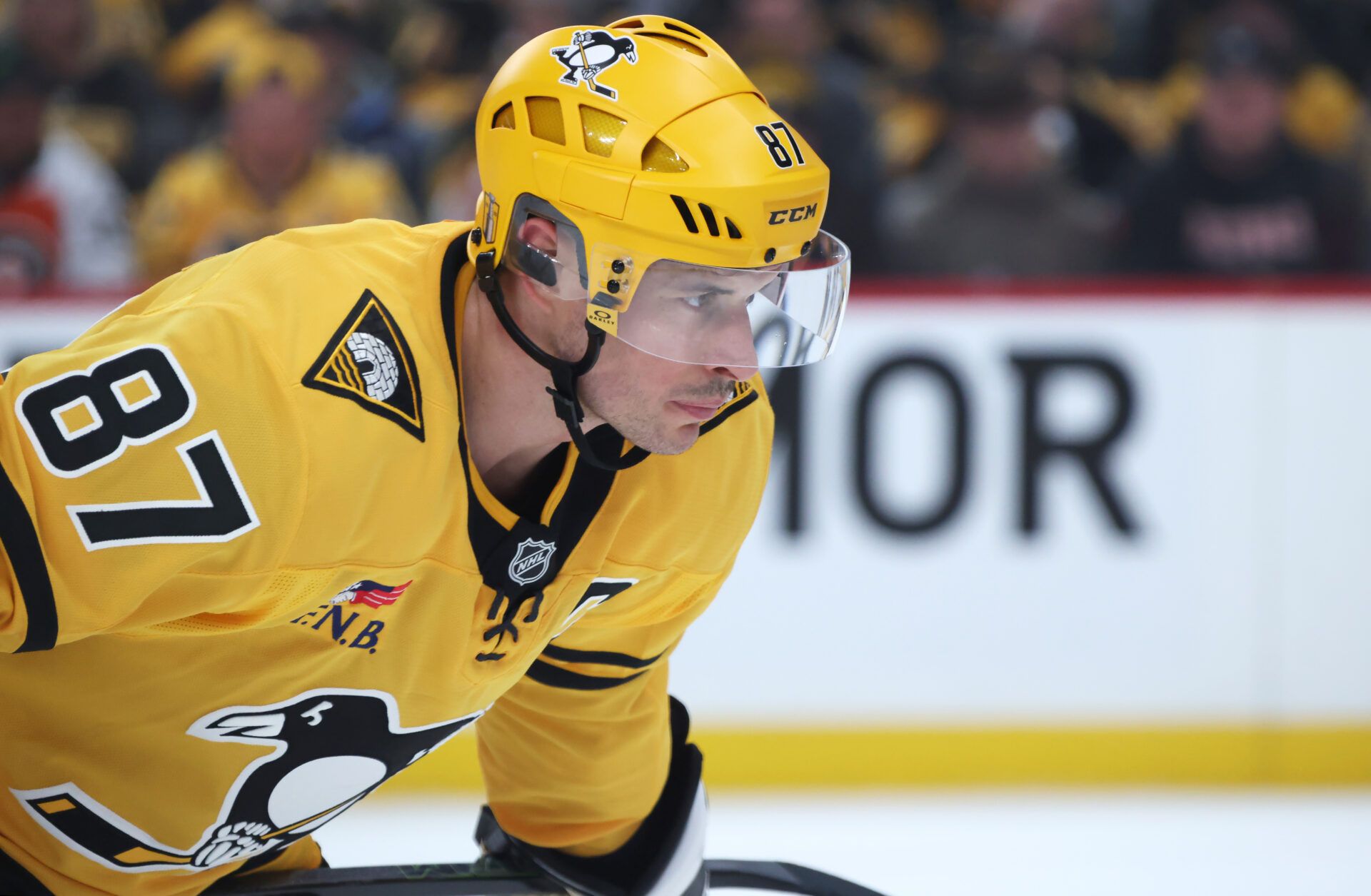 Pittsburgh Penguins center Sidney Crosby (87) before a face-off against the Philadelphia Flyers during the third period n game two of the first round of the 2026 Stanley Cup Playoffs at PPG Paints Arena.