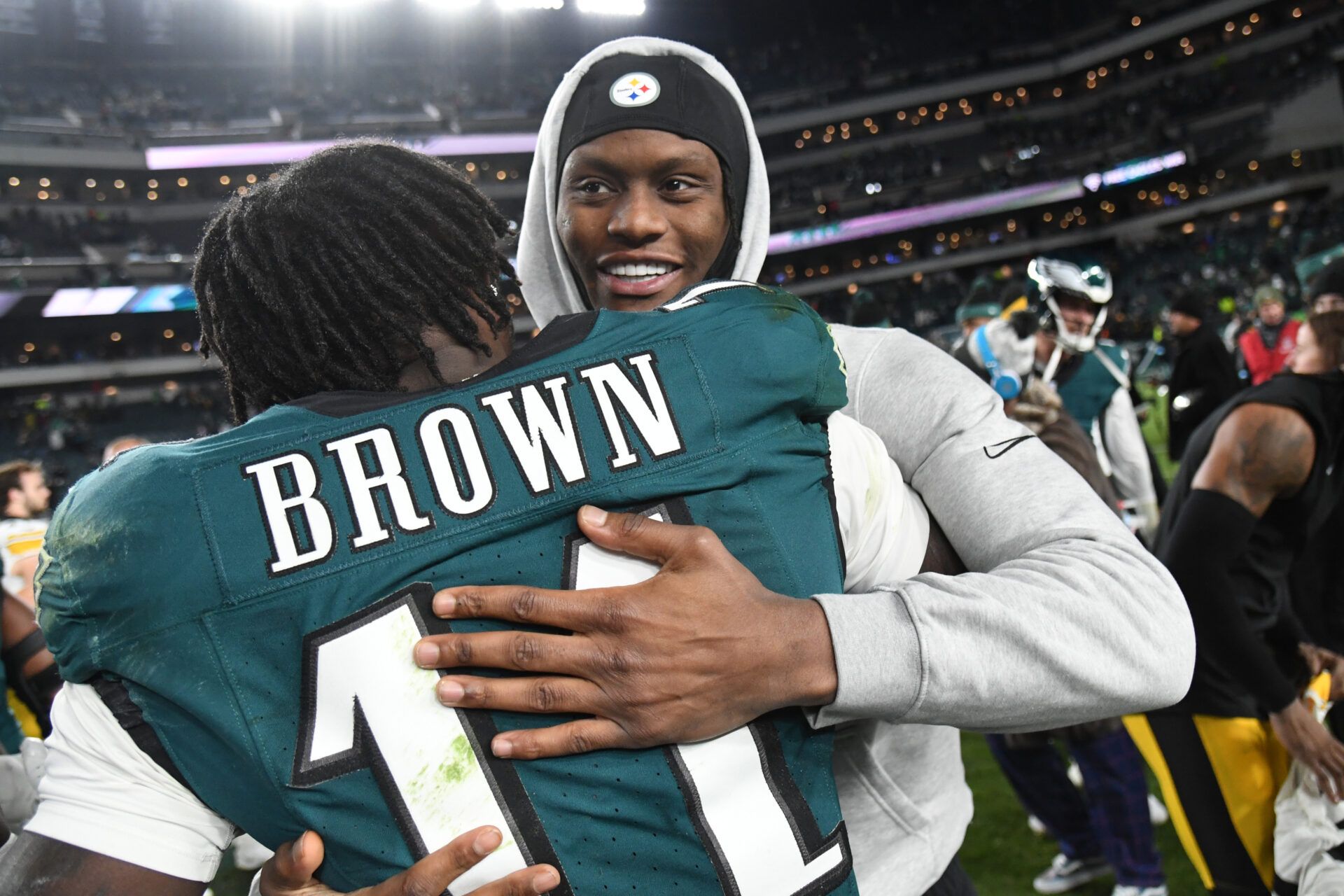 Philadelphia Eagles wide receiver A.J. Brown (11) and Pittsburgh Steelers wide receiver George Pickens (14) on the field after game at Lincoln Financial Field.