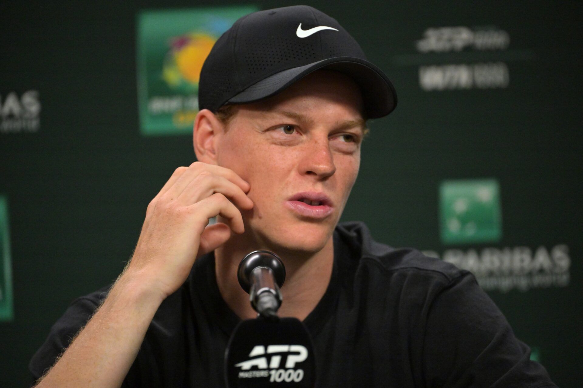 Jannik Sinner (ITA) speaks at a news conference during the BNP Paribas Open at the Indian Wells Tennis Garden.