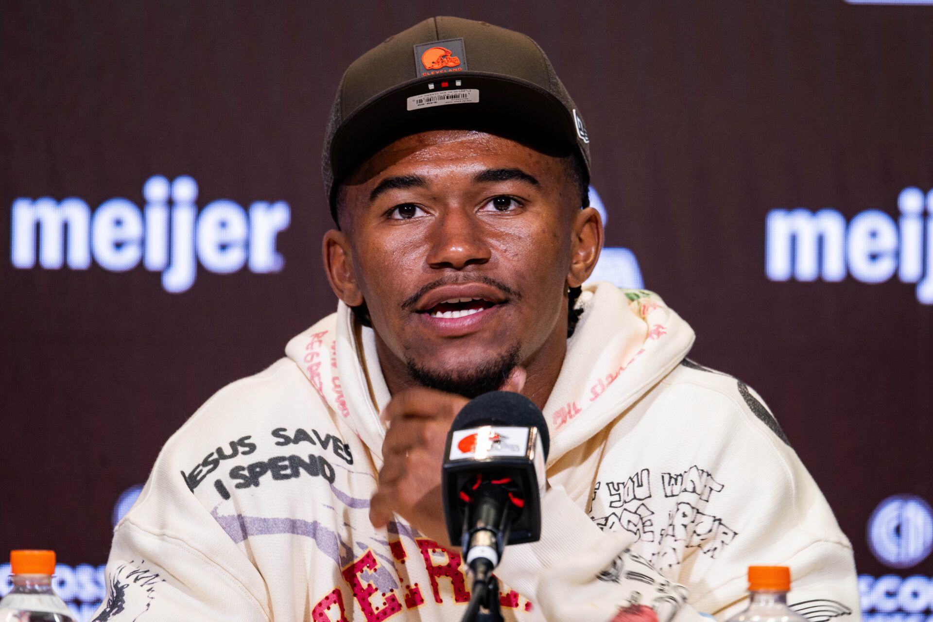 Cleveland Browns first round draft pick KC Concepcion talks to the media during an introductory press conference at CrossCountry Mortgage Campus.