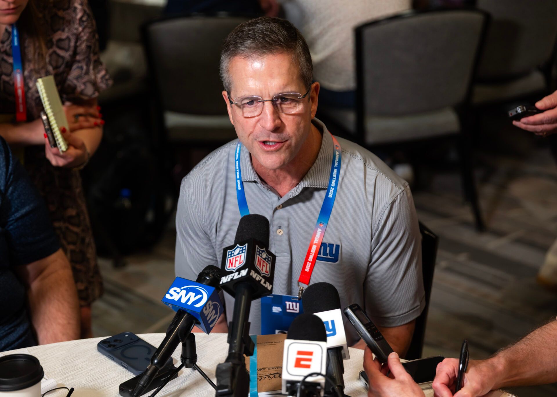 New York Giants head coach John Harbaugh during the 2026 NFL Annual League Meeting at the Arizona Biltmore.
