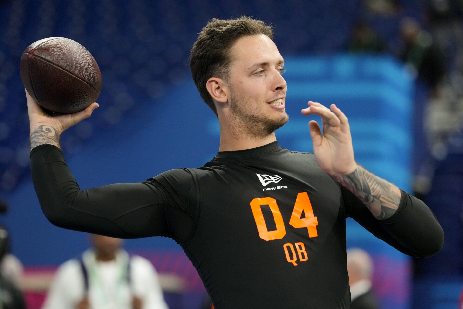 Miami quarterback Carson Beck (QB04) during the NFL Scouting Combine at Lucas Oil Stadium.