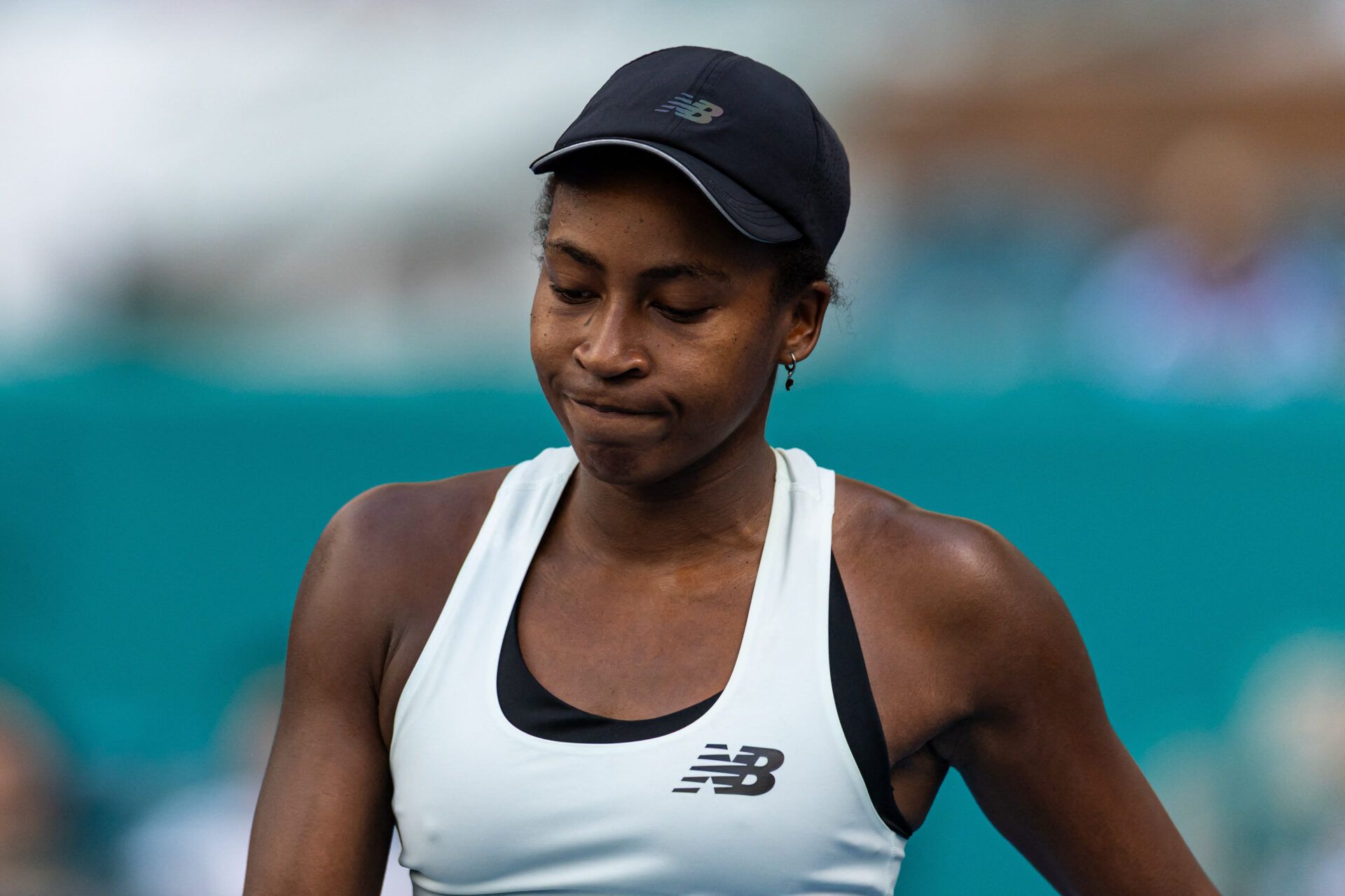 Coco Gauff of the United States reacts after a point against Karolina Muchova of the Czech Republic in the semi-finals of the women’s singles at the Miami Open at the Hard Rock Stadium.