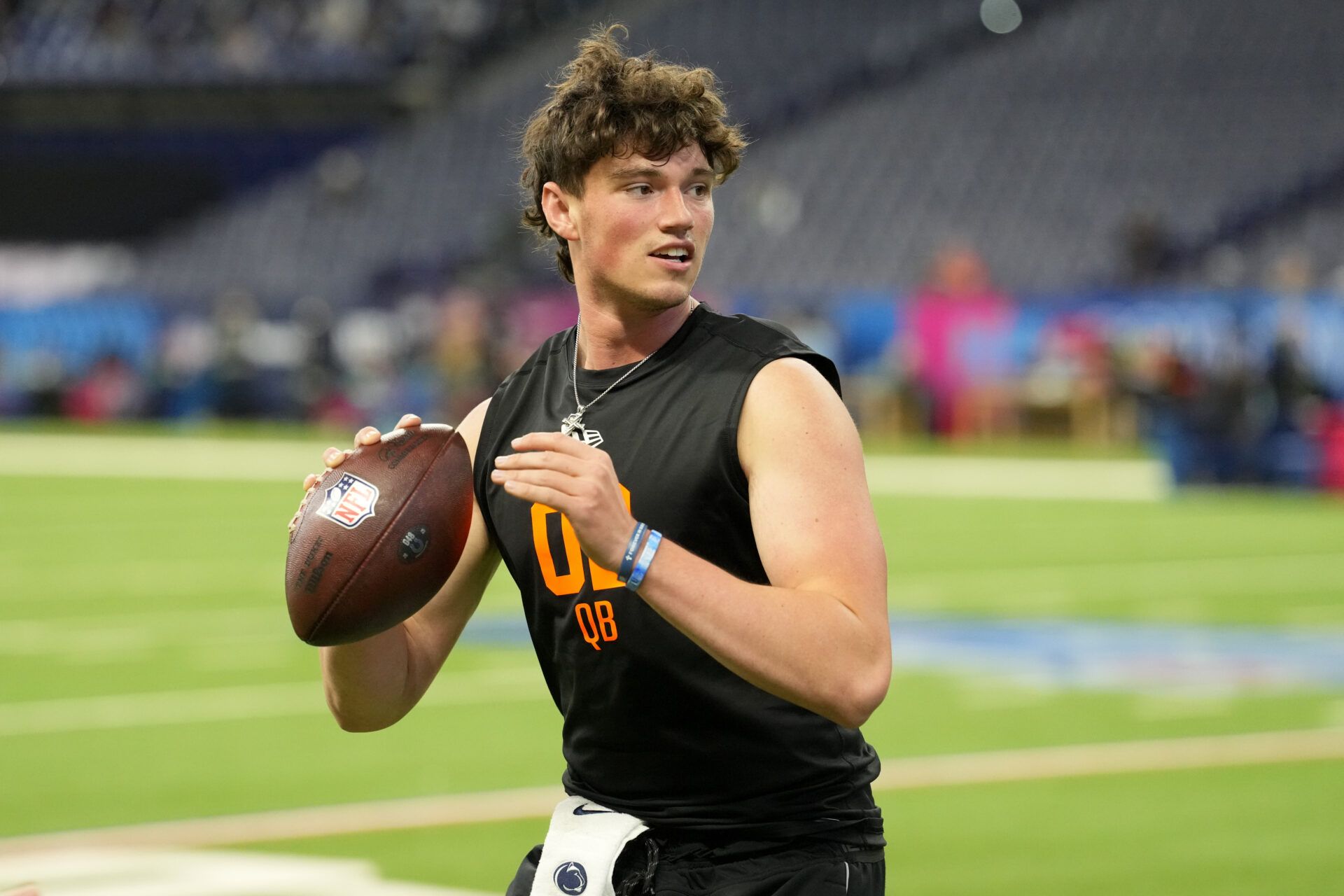 Penn State quarterback Drew Allar (QB02) during the NFL Scouting Combine at Lucas Oil Stadium.