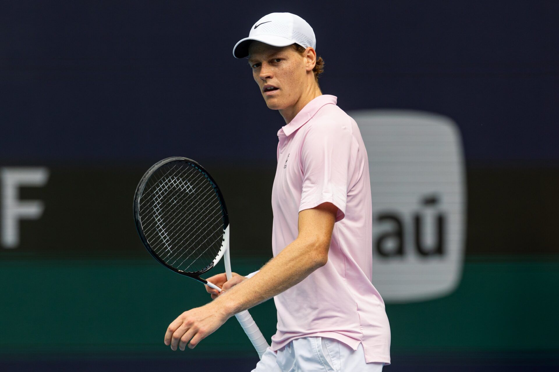 Jannik Sinner of Italy celebrates during his match against Jiri Lehecka of the Czech Republic during the final of the men’s singles final of the Miami Open at the Hard Rock Stadium.