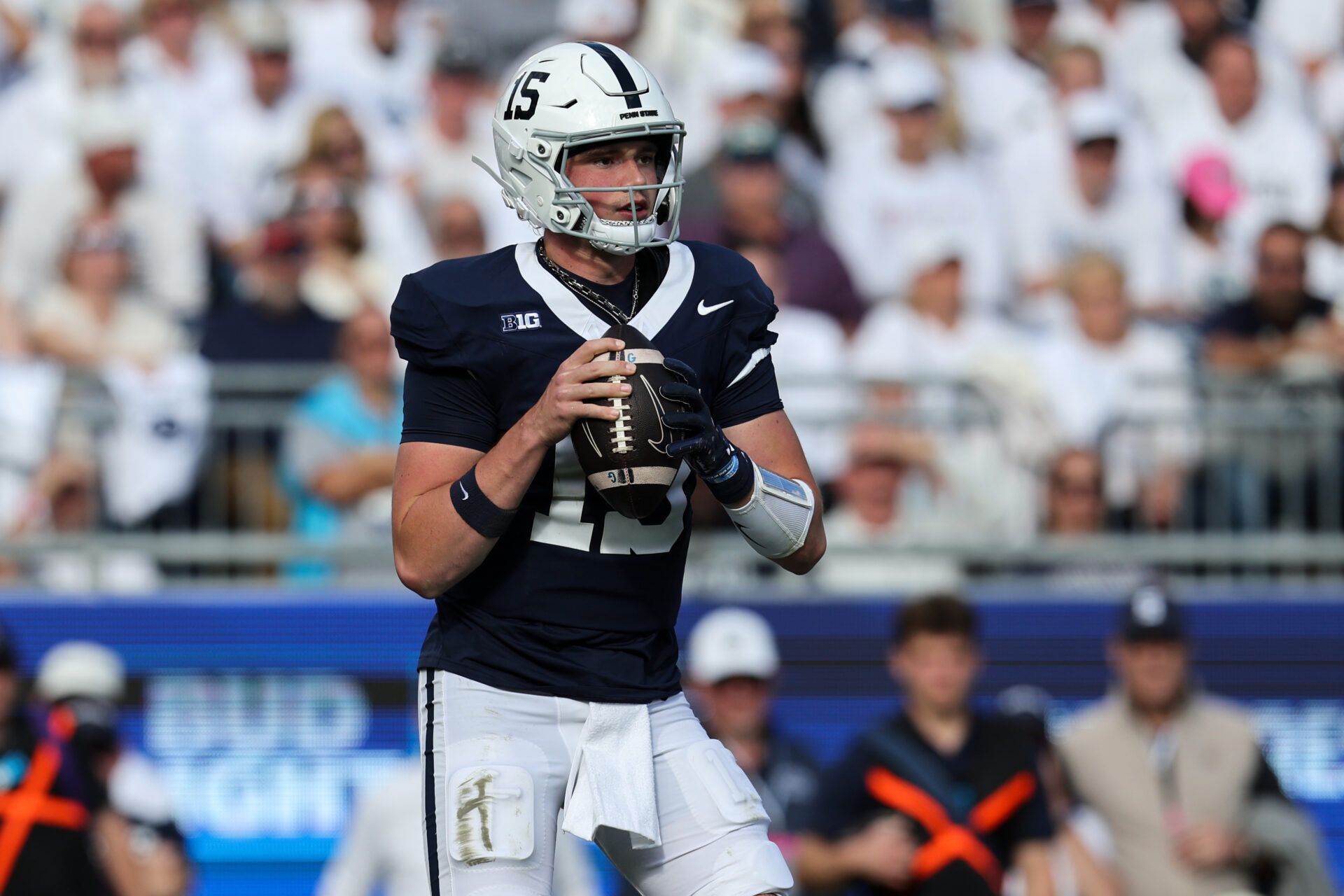 Penn State Nittany Lions quarterback Drew Allar (15) drops back in the pocket during the first quarter against the Northwestern Wildcats at Beaver Stadium.