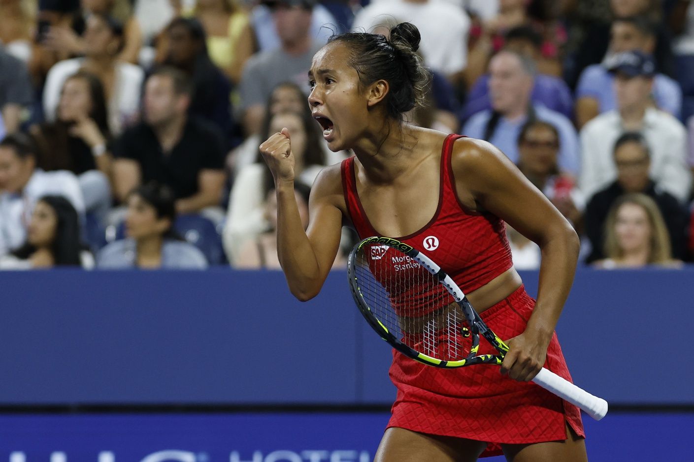 Leylah Fernandez (CAN) reacts after winning a point against Aryna Sabalenka (not pictured) on day six of the 2025 US Open tennis tournament at Billie Jean King USTA National Tennis Center.