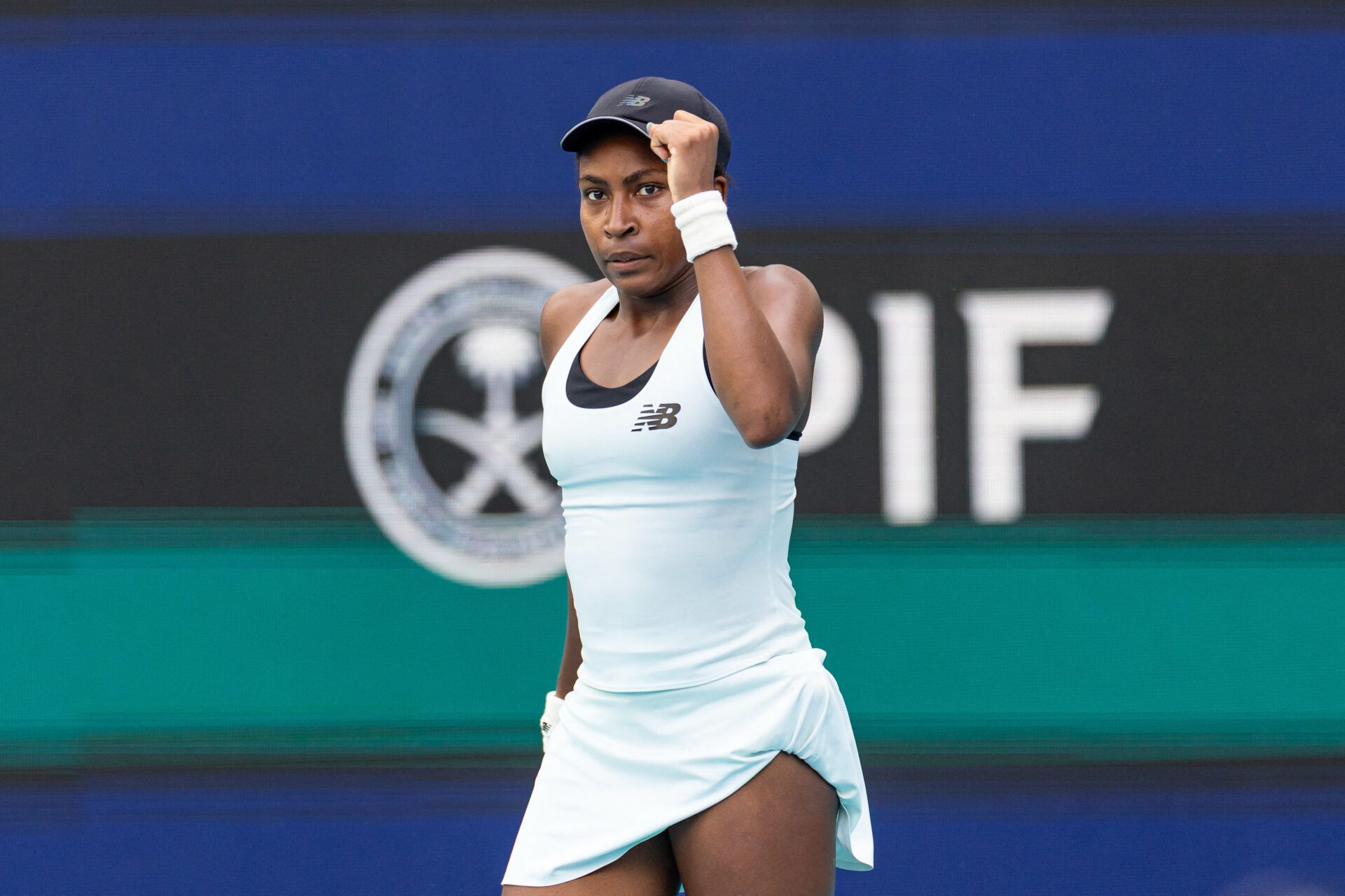 Coco Gauff of the United States reacts after a point against Karolina Muchova of the Czech Republic in the semi-finals of the women’s singles at the Miami Open at the Hard Rock Stadium.