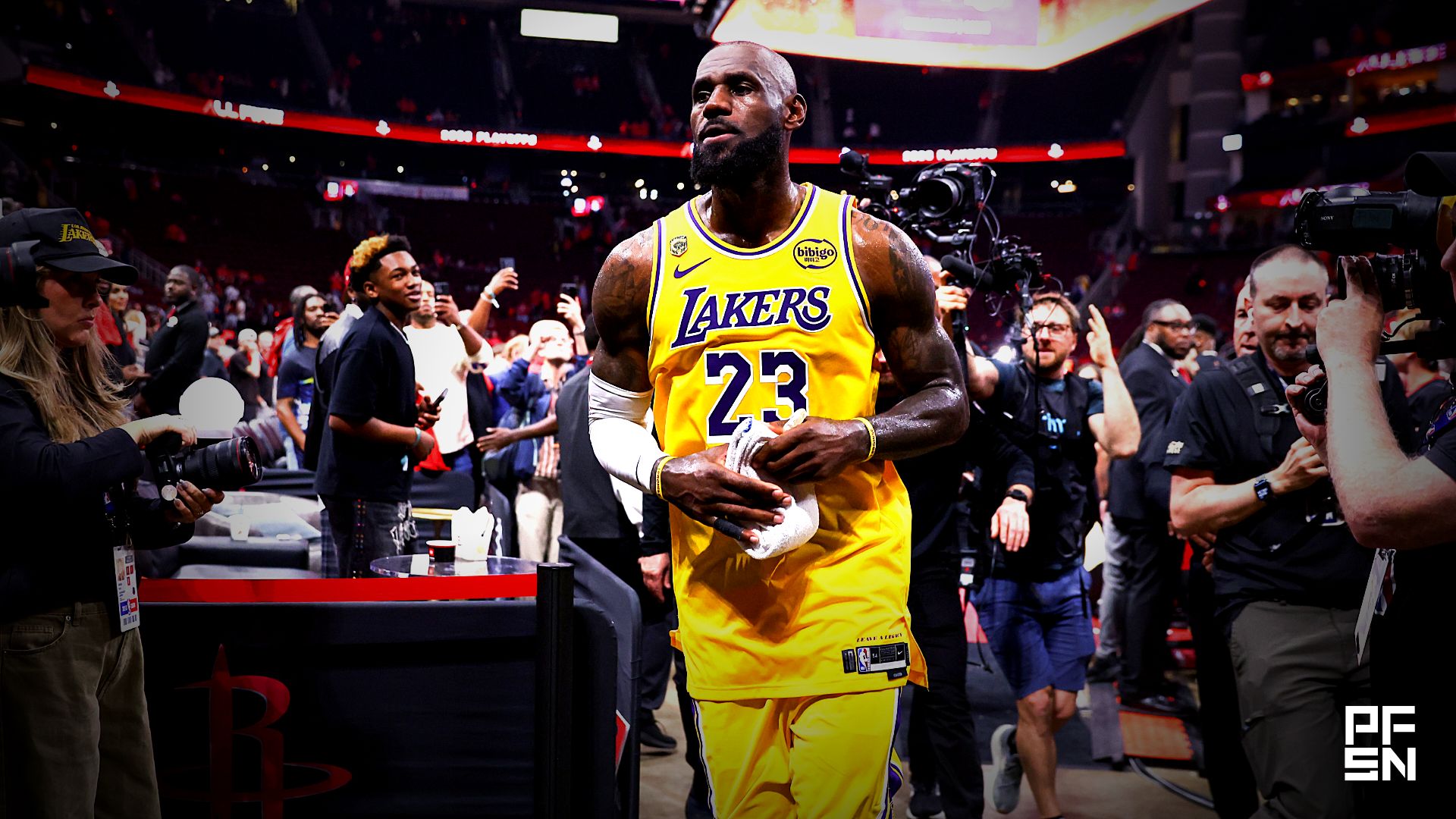 Los Angeles Lakers forward LeBron James (23) jogs off the court after game three of the first round of the 2026 NBA Playoffs against the Houston Rockets at Toyota Center.