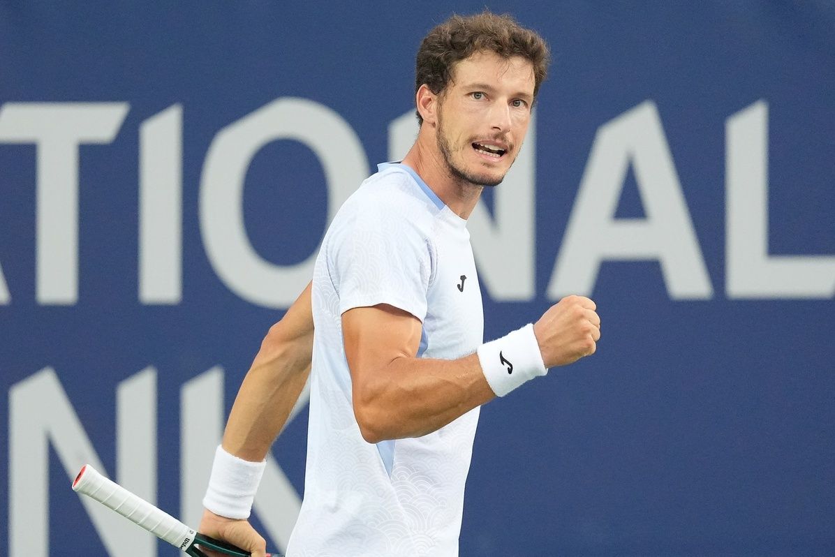 Pablo Carreno Busta (ESP) reacts after winnning a point against Liam Draxl (not pictured) during first round play at Sobeys Stadium.