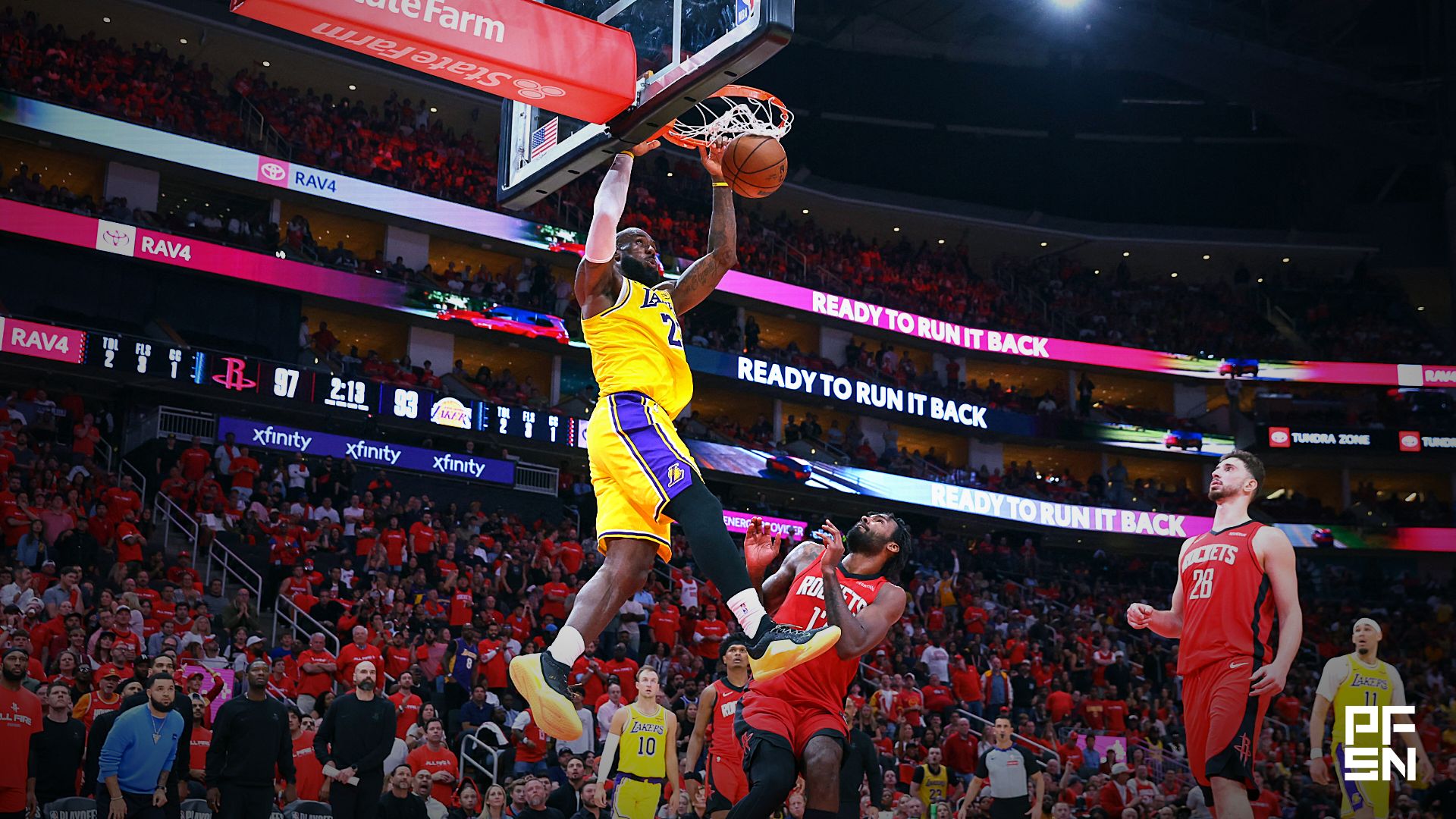 Los Angeles Lakers forward LeBron James (23) dunks the ball during the fourth quarter against the Houston Rockets during game three of the first round of the 2026 NBA Playoffs at Toyota Center.