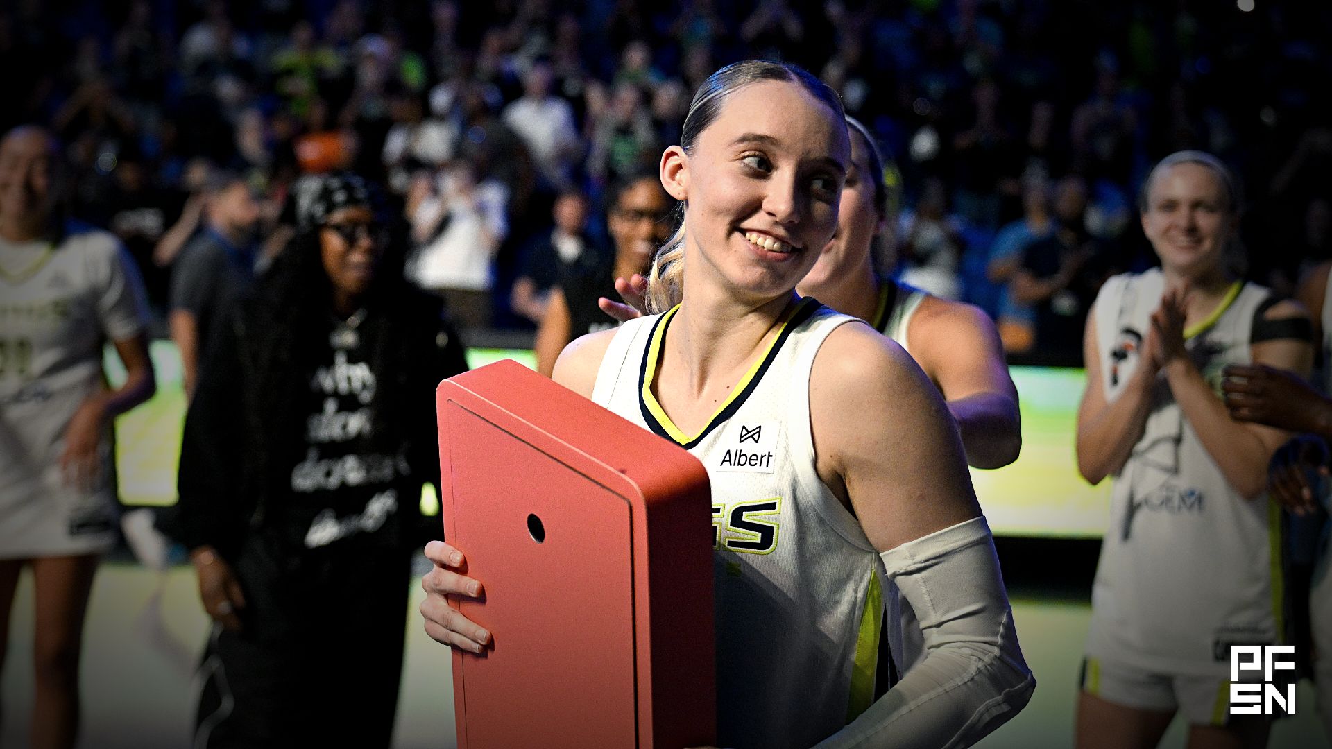 Dallas Wings guard Paige Bueckers (5) smiles after the game against the Phoenix Mercury at College Park Center.