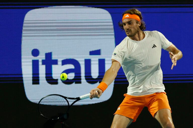 Stefanos Tsitsipas (GRE) hits a forehand against Arthur Fils (FRA) (not pictured) on day six of the 2026 Miami Open at Hard Rock Stadium.