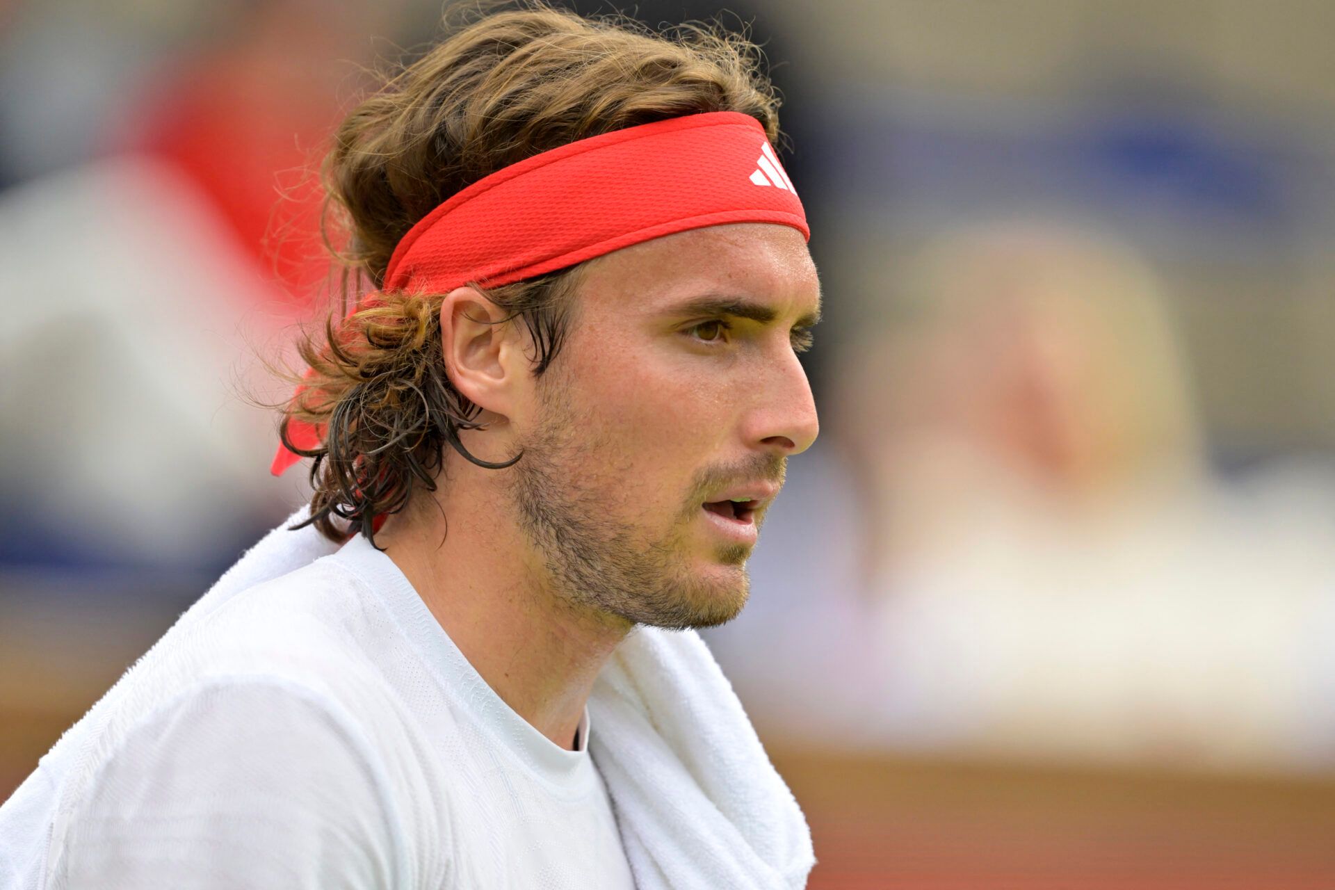 Stefanos Tsitsipas (GRE) looks on during his fourth round match against Holger Rune (not pictured) at the BNP Paribas Open the at Indian Well Tennis Garden.