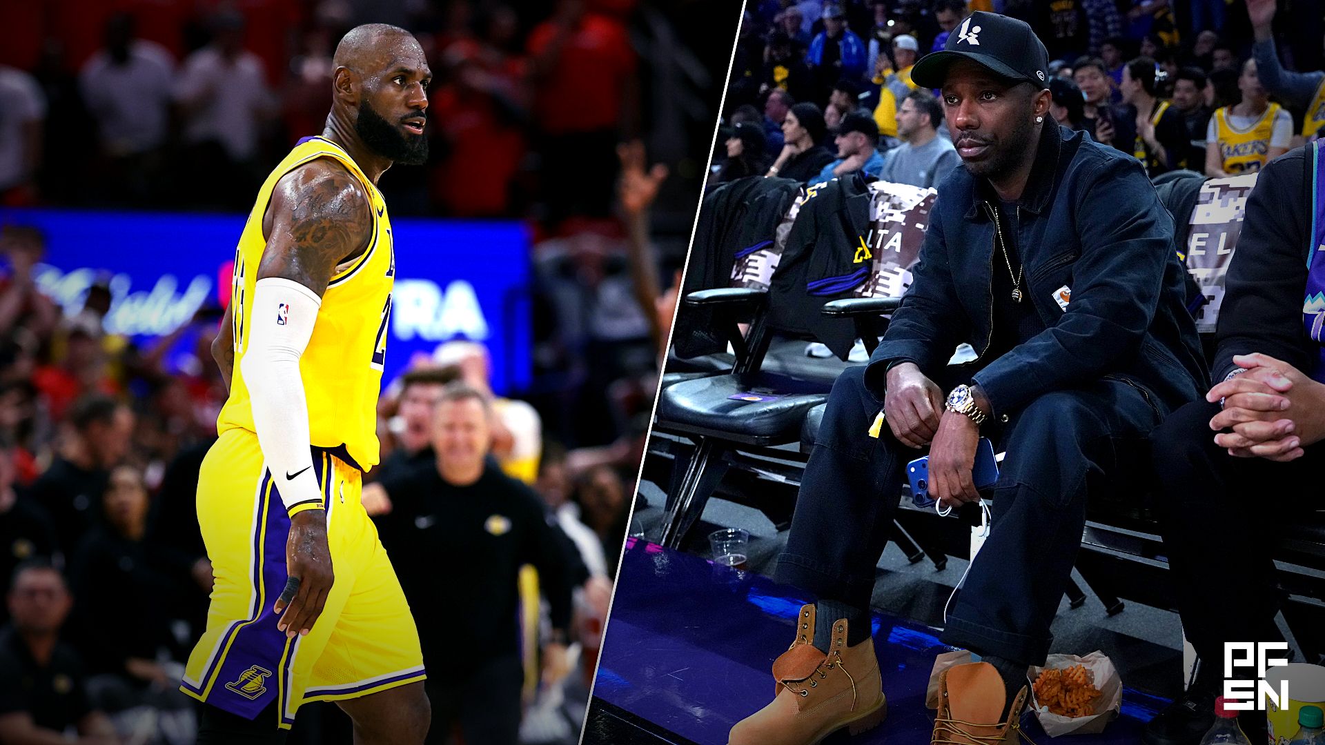 Collage featuring NBA: Playoffs-Los Angeles Lakers at Houston Rockets and NBA: Utah Jazz at Los Angeles Lakers. // Troy Taormina-Imagn Images / Kirby Lee-Imagn Images