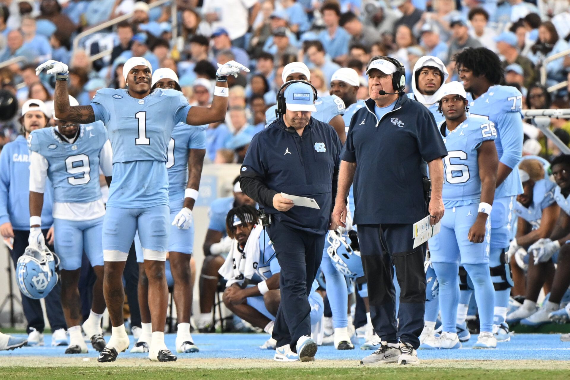 North Carolina Tar Heels head coach Bill Belichick watches play during the first half at Kenan Stadium.