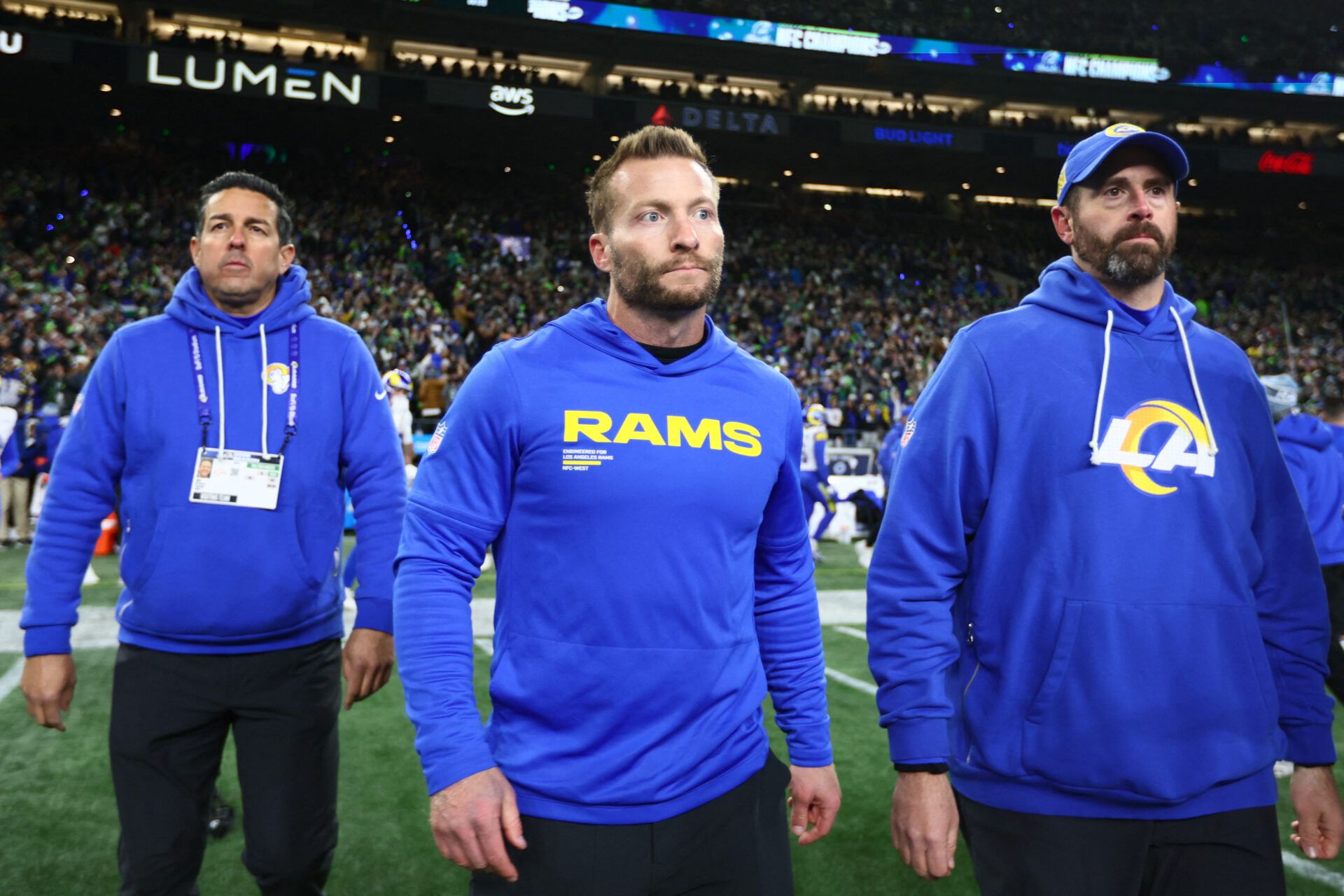 Los Angeles Rams head coach Sean McVay walks on field after the 2026 NFC Championship Game against the Seattle Seahawks at Lumen Field.