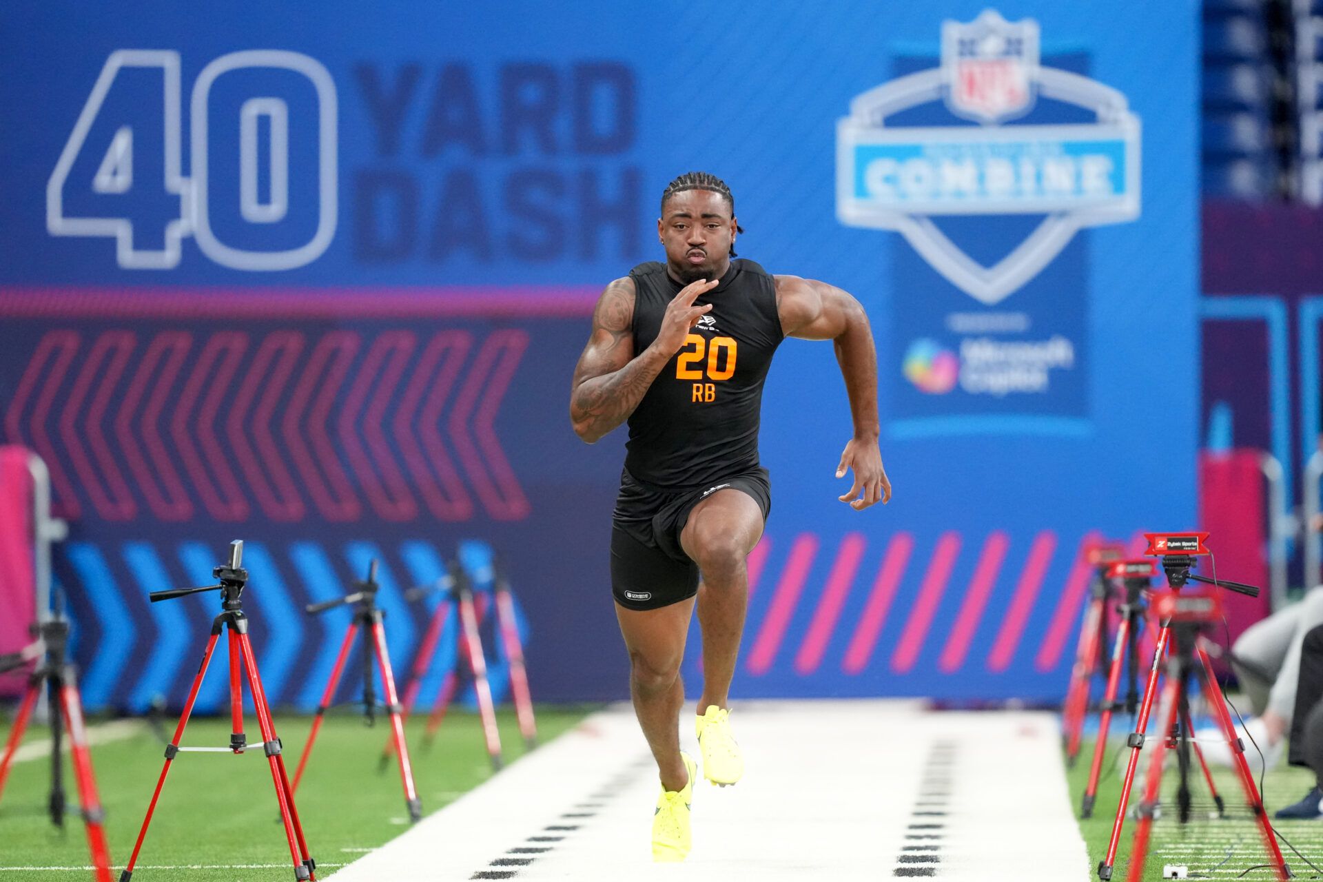Arkansas running back Mike Washington Jr. (RB20) during the NFL Scouting Combine at Lucas Oil Stadium.