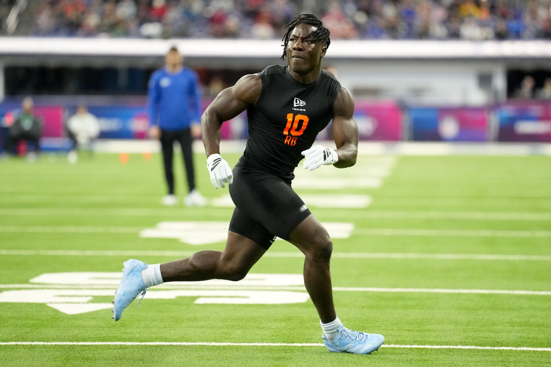 Nebraska running back Emmett Johnson (RB10) during the NFL Scouting Combine at Lucas Oil Stadium.