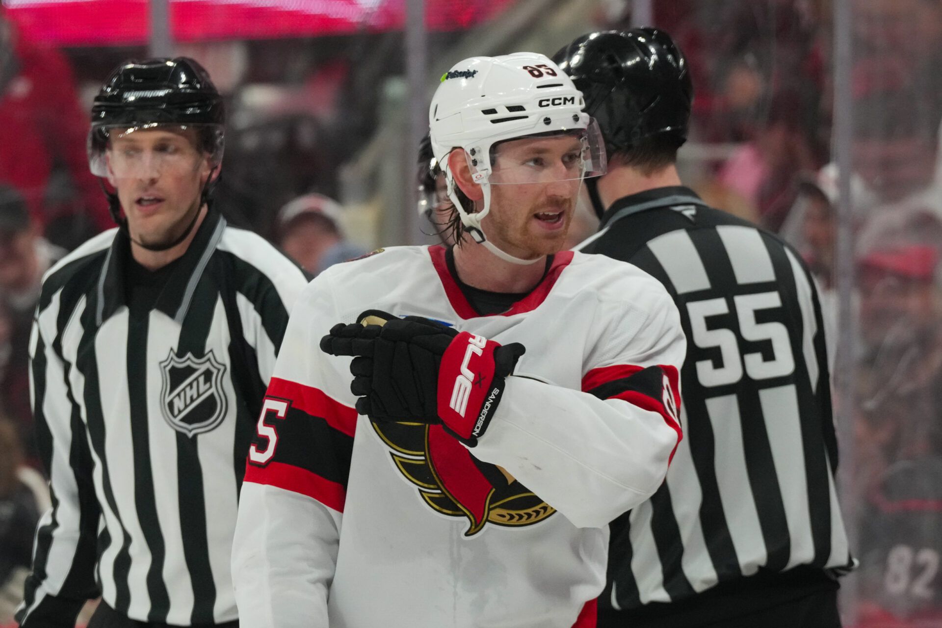 Ottawa Senators defenseman Jake Sanderson (85) reacts against the Carolina Hurricanes during the third period in game one of the first round of the 2026 Stanley Cup Playoffs at Lenovo Center.