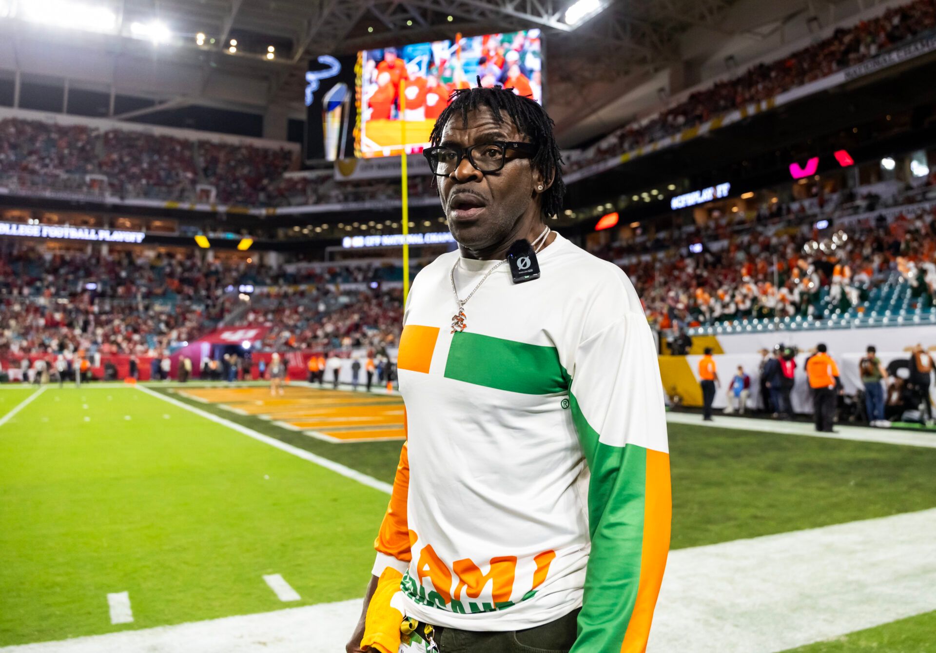 Miami Hurricanes former player Michael Irvin against the Indiana Hoosiers during the College Football Playoff National Championship game at Hard Rock Stadium.