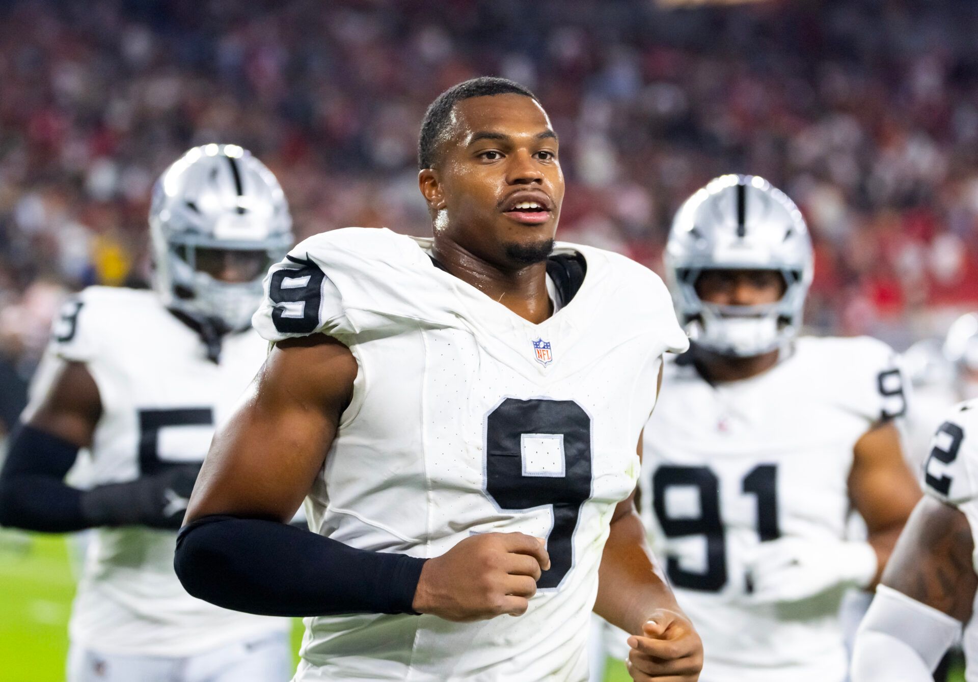 Las Vegas Raiders defensive end Tyree Wilson (9) against the Arizona Cardinals during a preseason NFL game at State Farm Stadium.