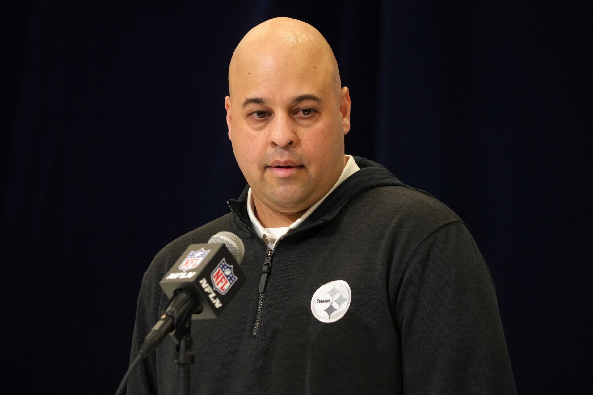 Pittsburgh Steelers general manager Omar Khan speaks during the NFL Scouting Combine at the Indiana Convention Center.