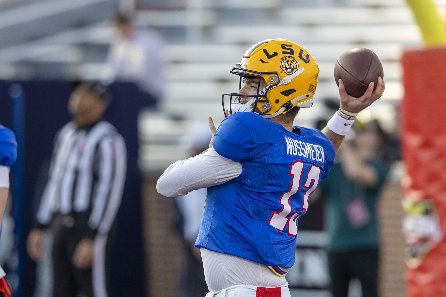 American quarterback Garrett Nussmeier (13) of LSU throws the ball during American Senior Bowl practice at Hancock Whitney Stadium.