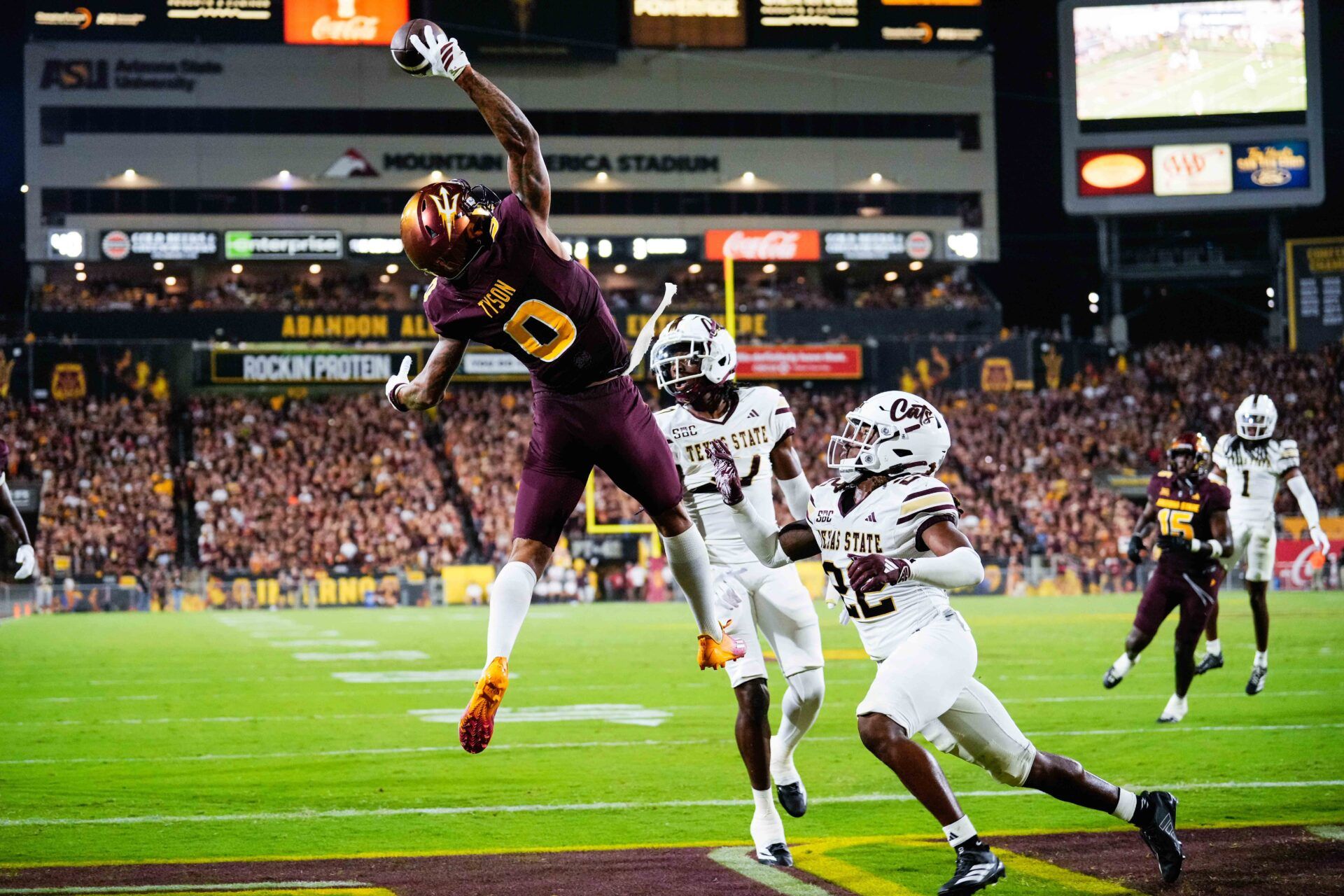 Arizona State Sun Devils wide receiver Jordyn Tyson (0) attempted to make a one handed catch against Texas State Bobcats at Mountain America Stadium.