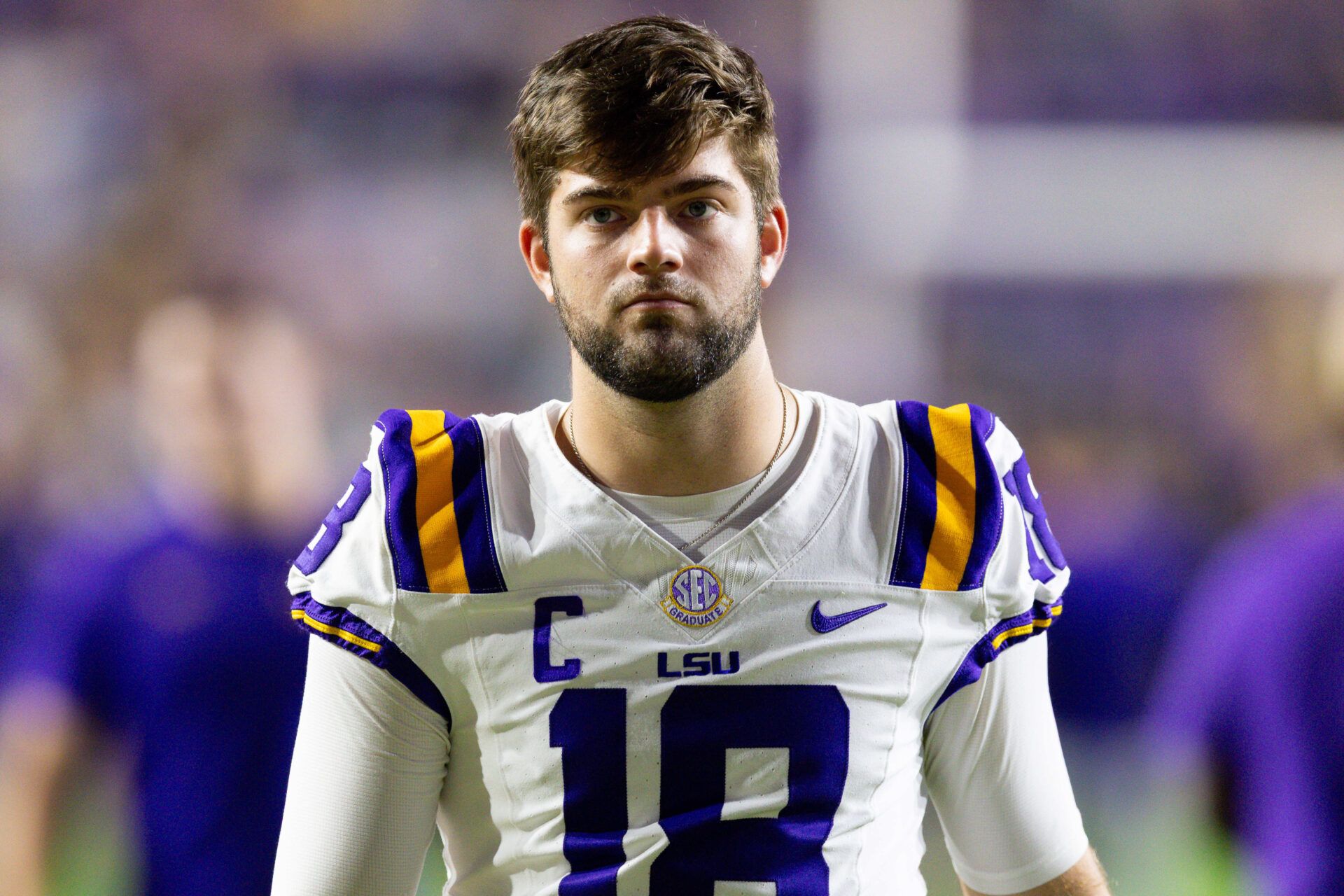 LSU Tigers quarterback Garrett Nussmeier (18) looks on against the Western Kentucky Hilltoppers  during the pre-game at Tiger Stadium.