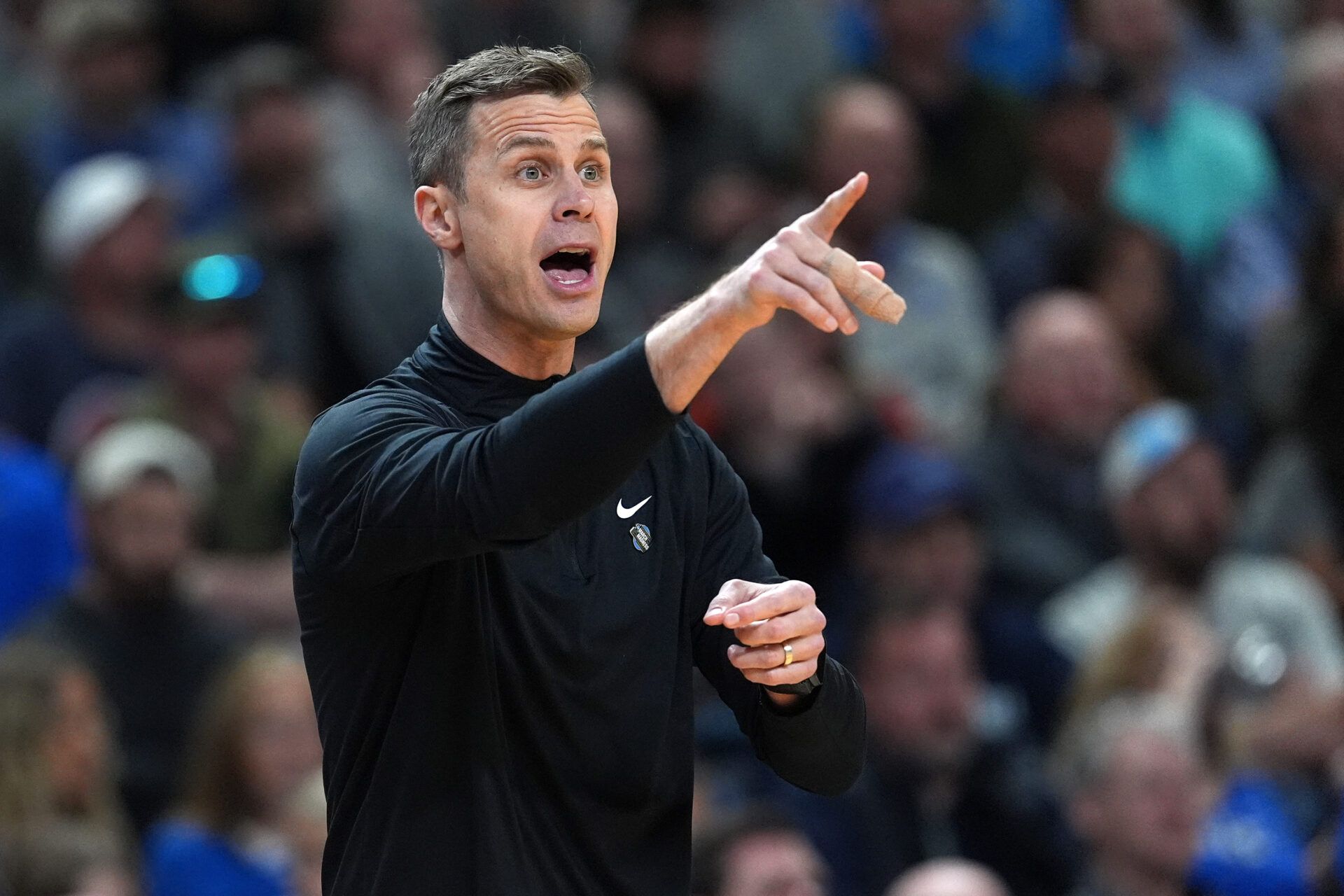 Duke Blue Devils head coach Jon Scheyer reacts in the first half during a first round game of the men's 2026 NCAA Tournament at Bon Secours Wellness Arena.
