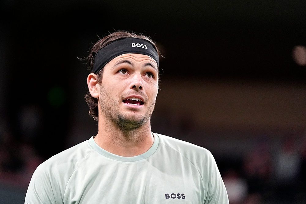 Taylor Fritz reacts during a second-round match against Jacob Fearnley on Stadium 2 at the BNP Paribas Open in Indian Wells, Calif., Saturday, March 7, 2026.