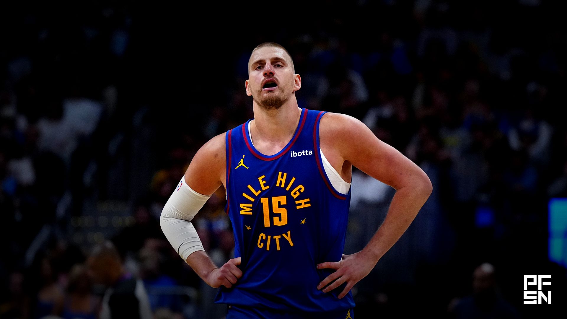 Denver Nuggets center Nikola Jokic (15) reacts in the second half against the Minnesota Timberwolves during game two of the first round of the 2026 NBA Playoffs at Ball Arena.