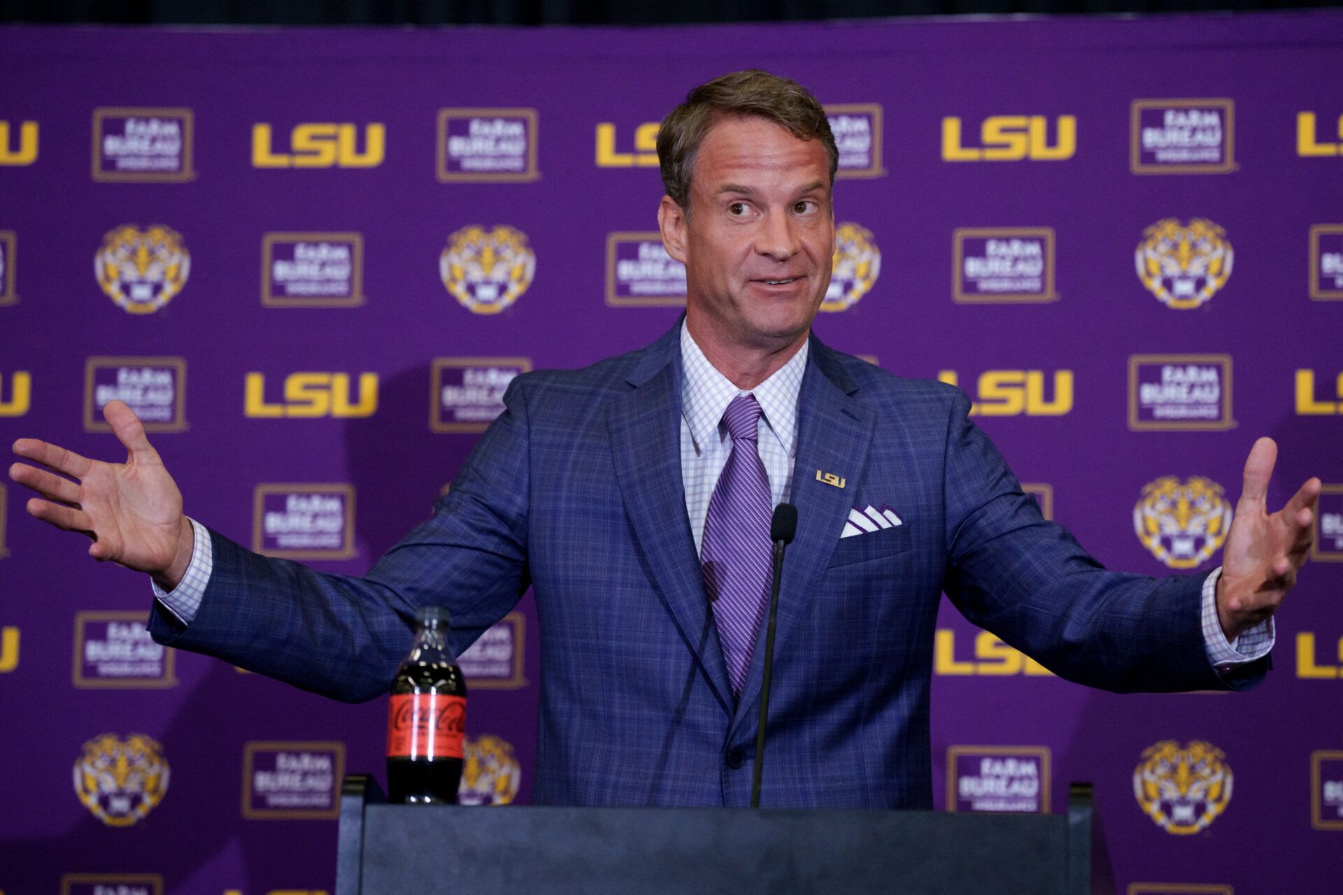 LSU new head coach Lane Kiffin speaks at South Stadium Club at Tiger Stadium.